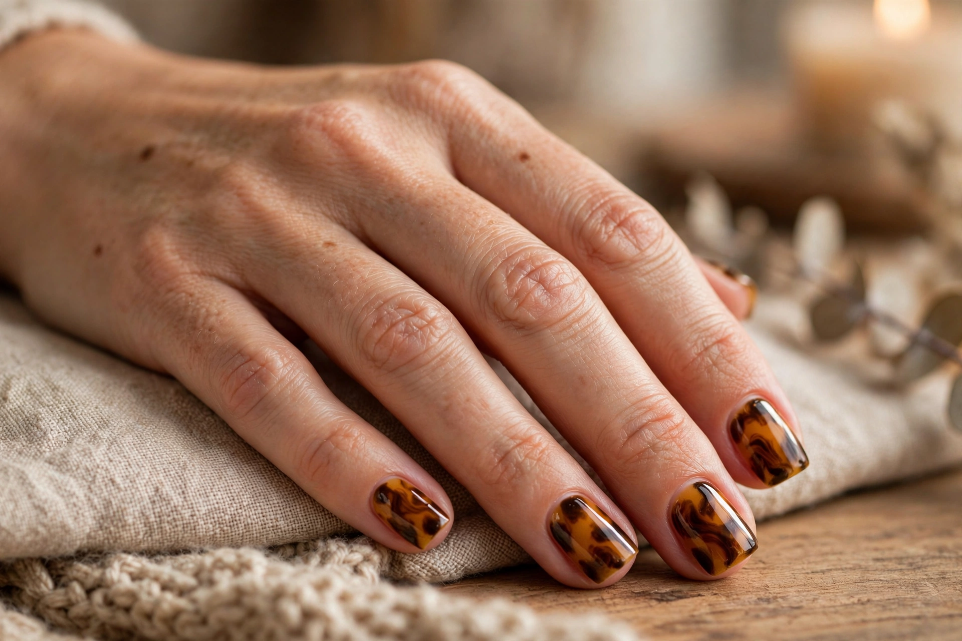 tortoiseshell short square nail designs with amber and dark brown swirls for autumn