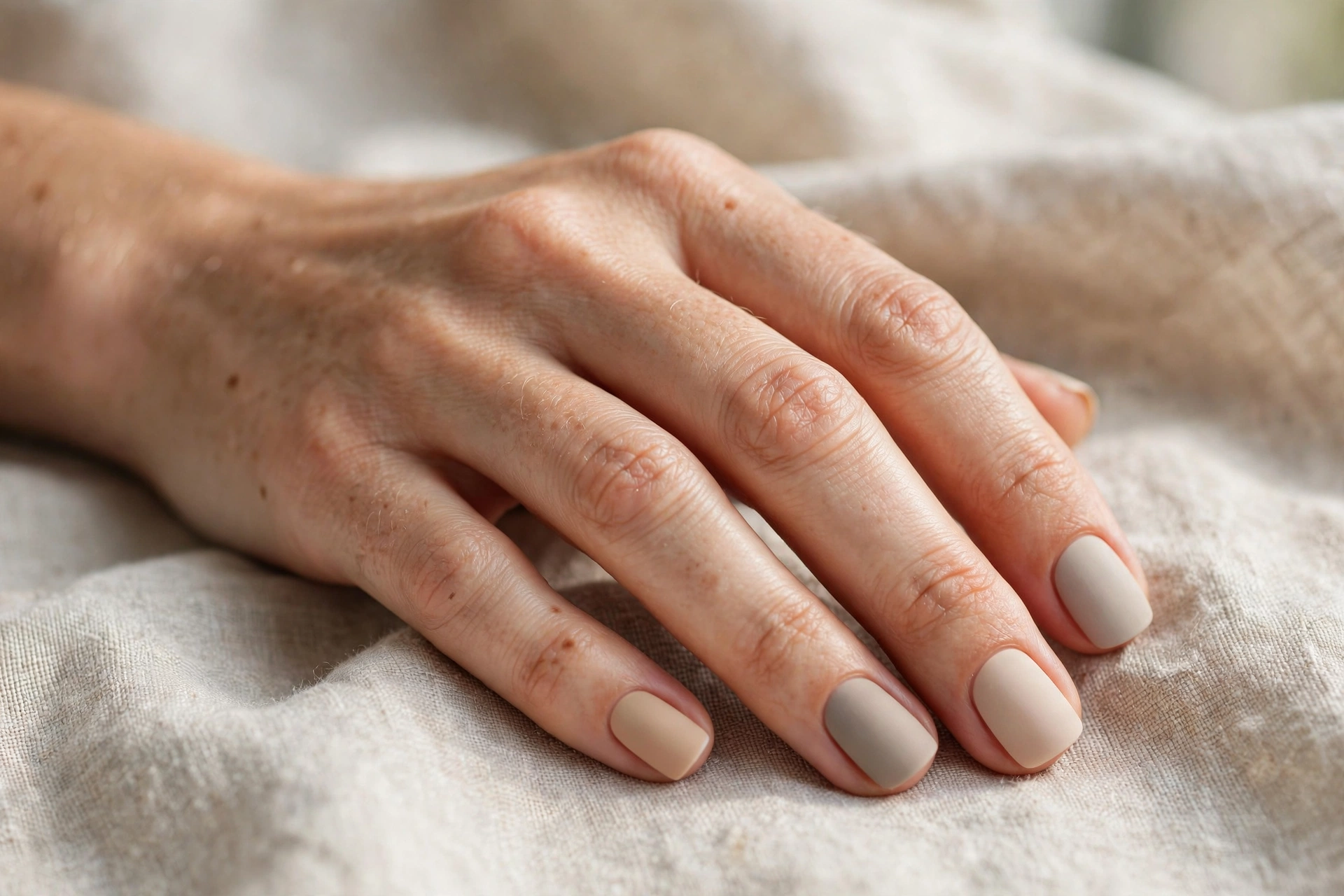 matte neutral short square nail designs in warm beige and greige for fall