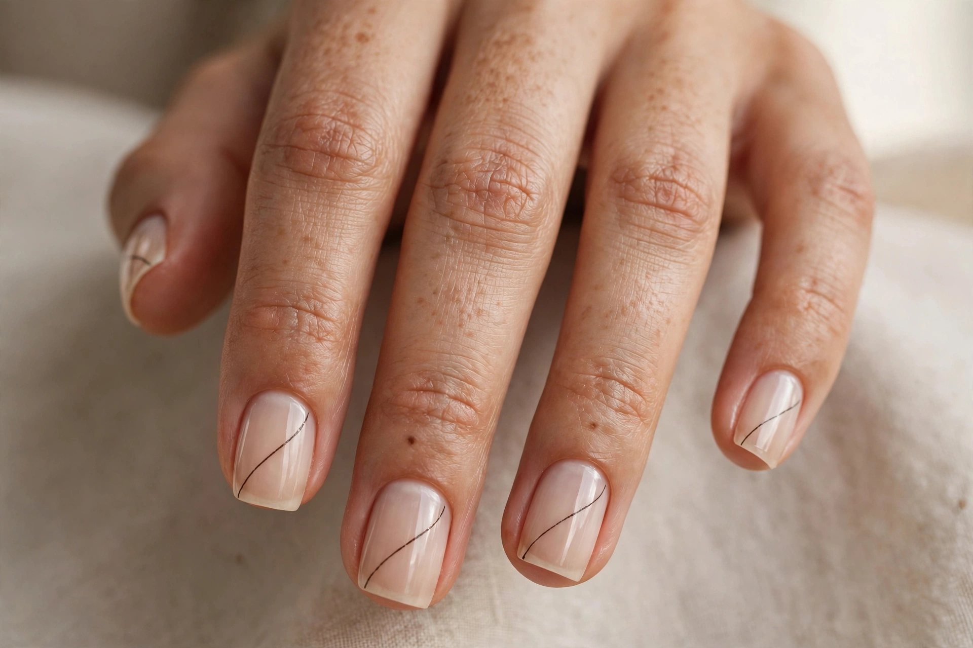 chic minimal line art short square nail designs on nude fall manicure