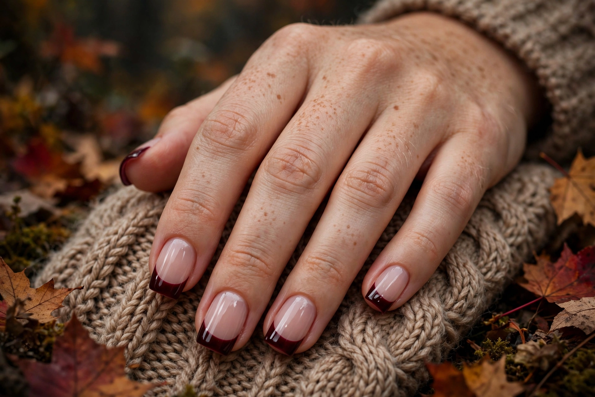 deep burgundy French tip short square nail designs on nude base for fall