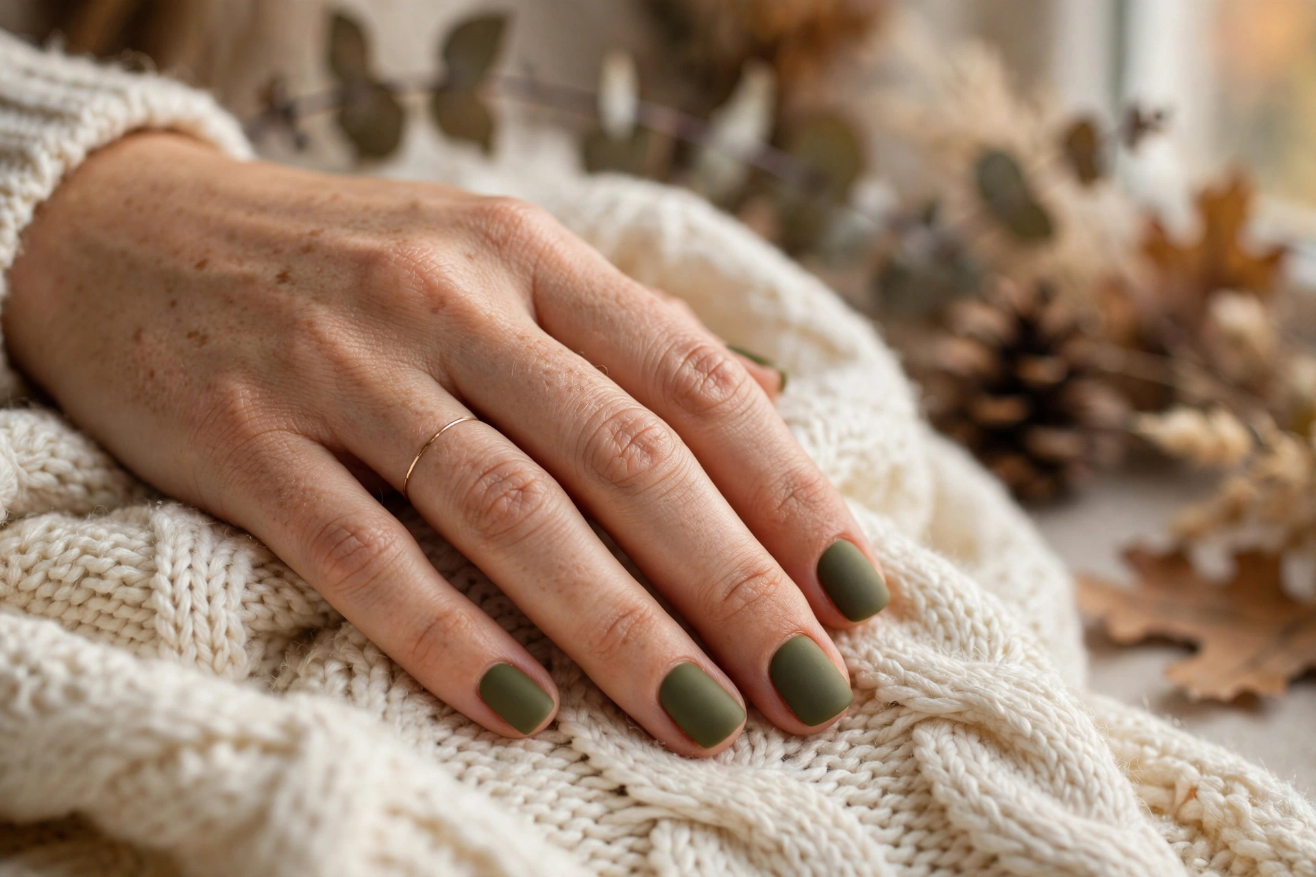 olive green matte short square nail designs for autumn