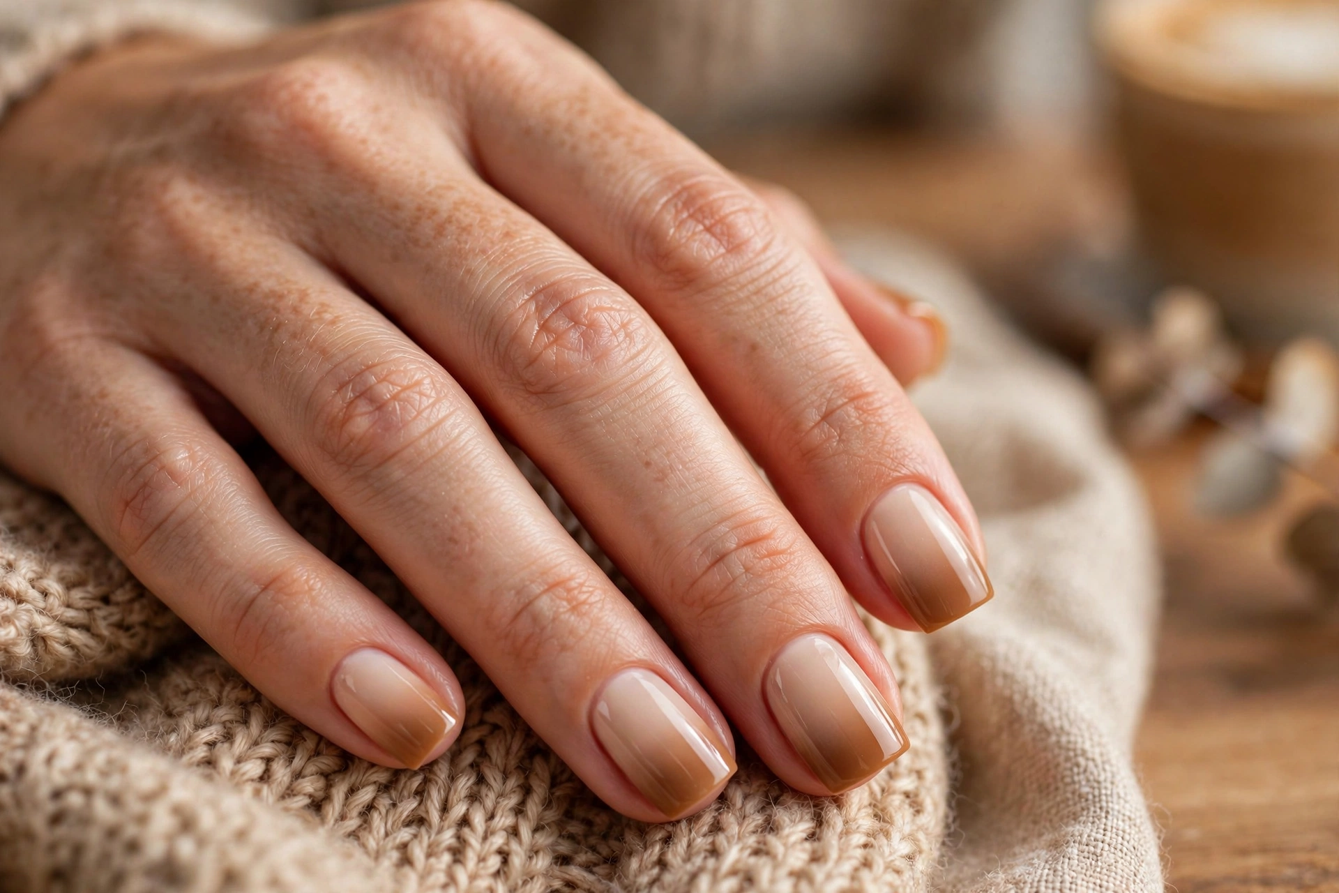 caramel latte ombre short square nail designs fading from nude to caramel brown