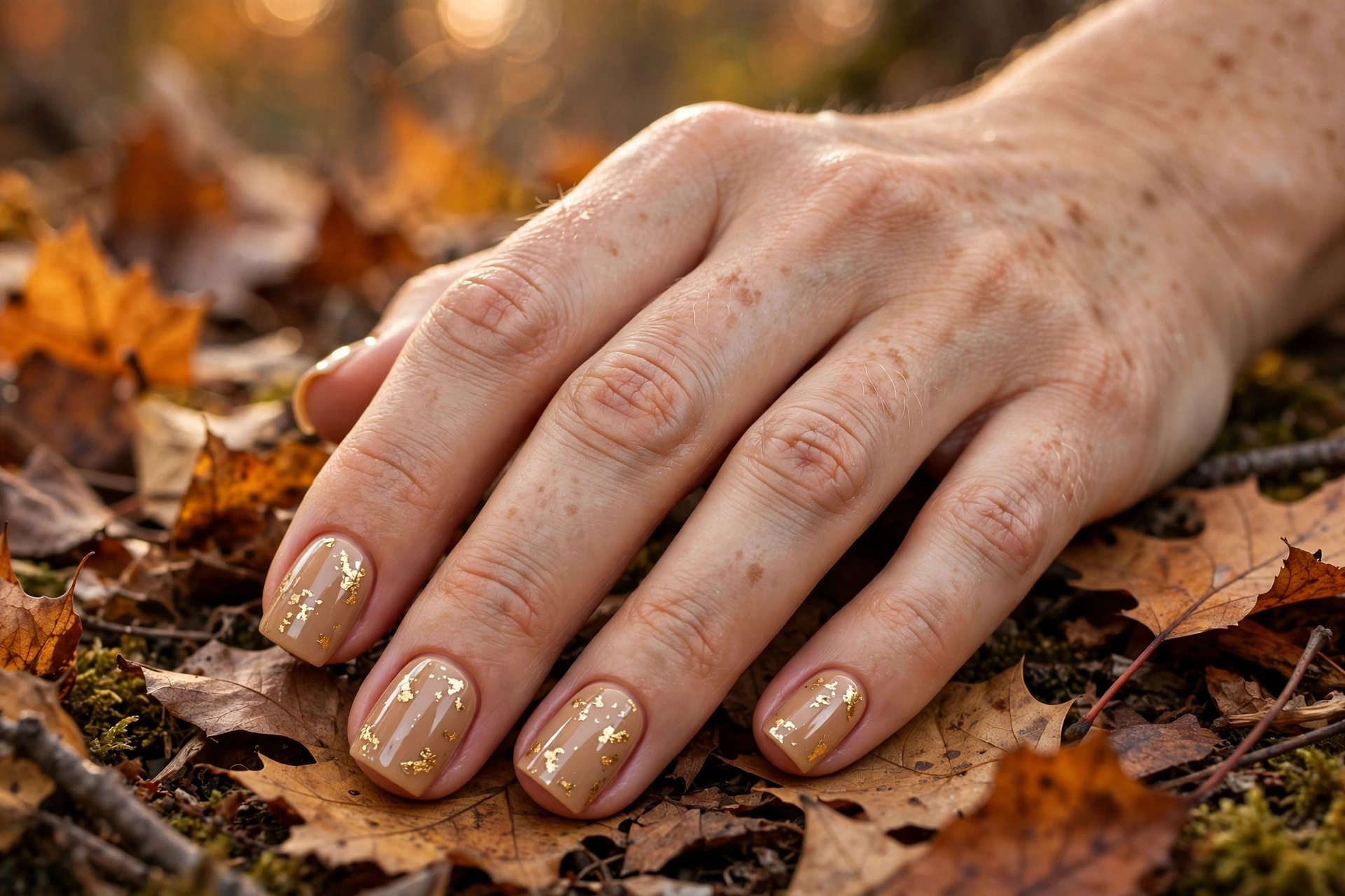 gold foil accent short square nail designs on warm beige fall manicure