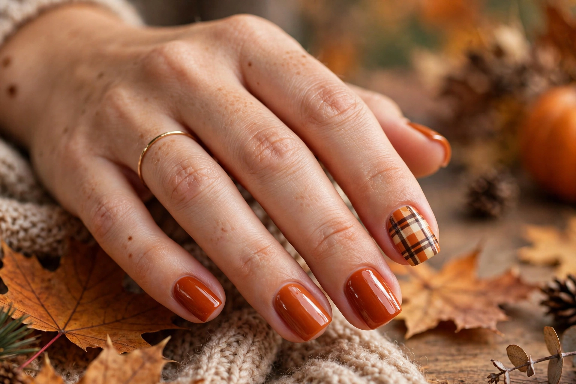 autumn plaid short square nail designs with burnt orange and brown check pattern