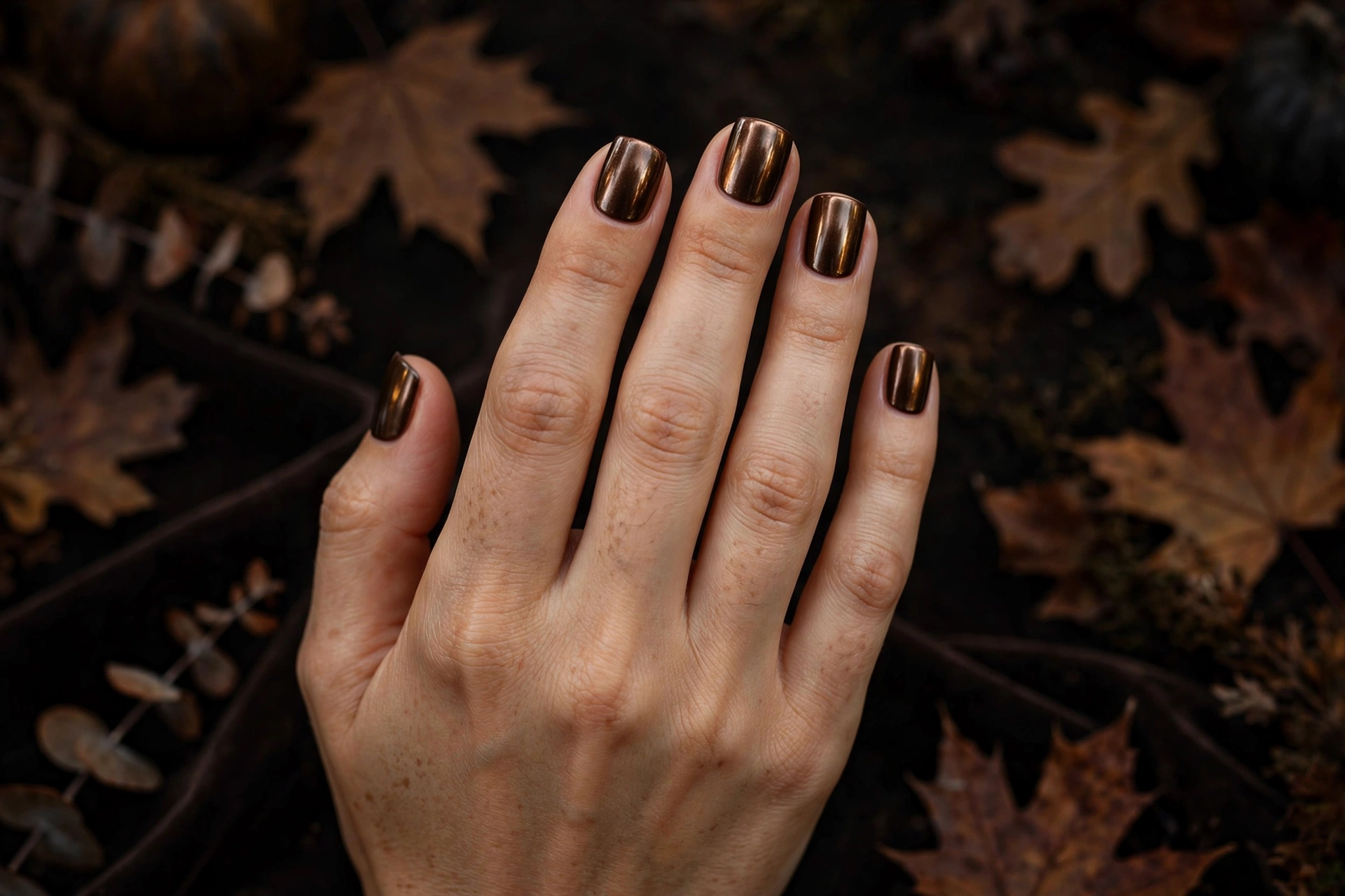 chocolate brown chrome short square nail designs with metallic mirror shine