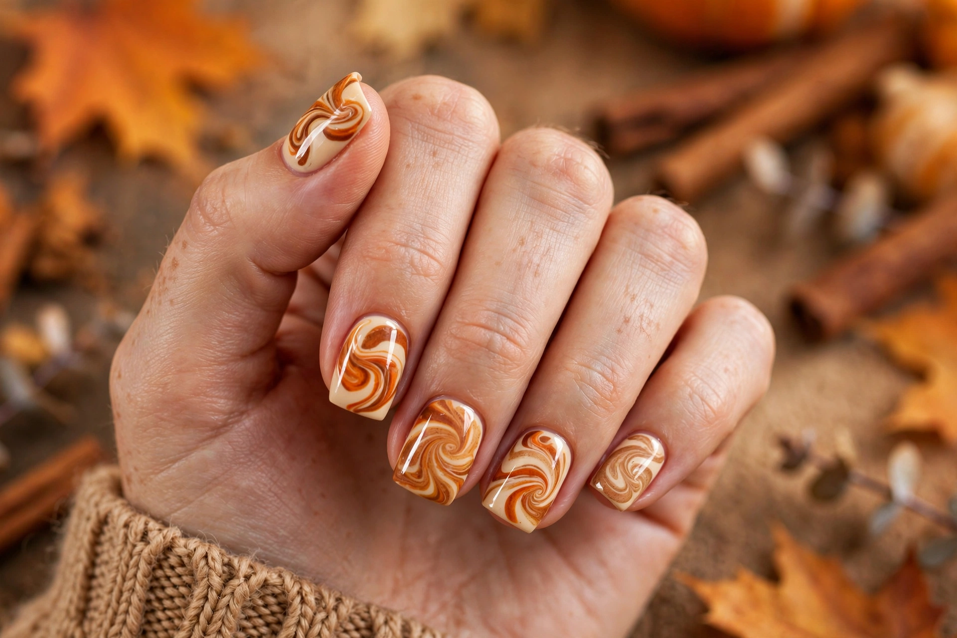 pumpkin spice swirl short square nail designs with burnt orange on creamy latte base
