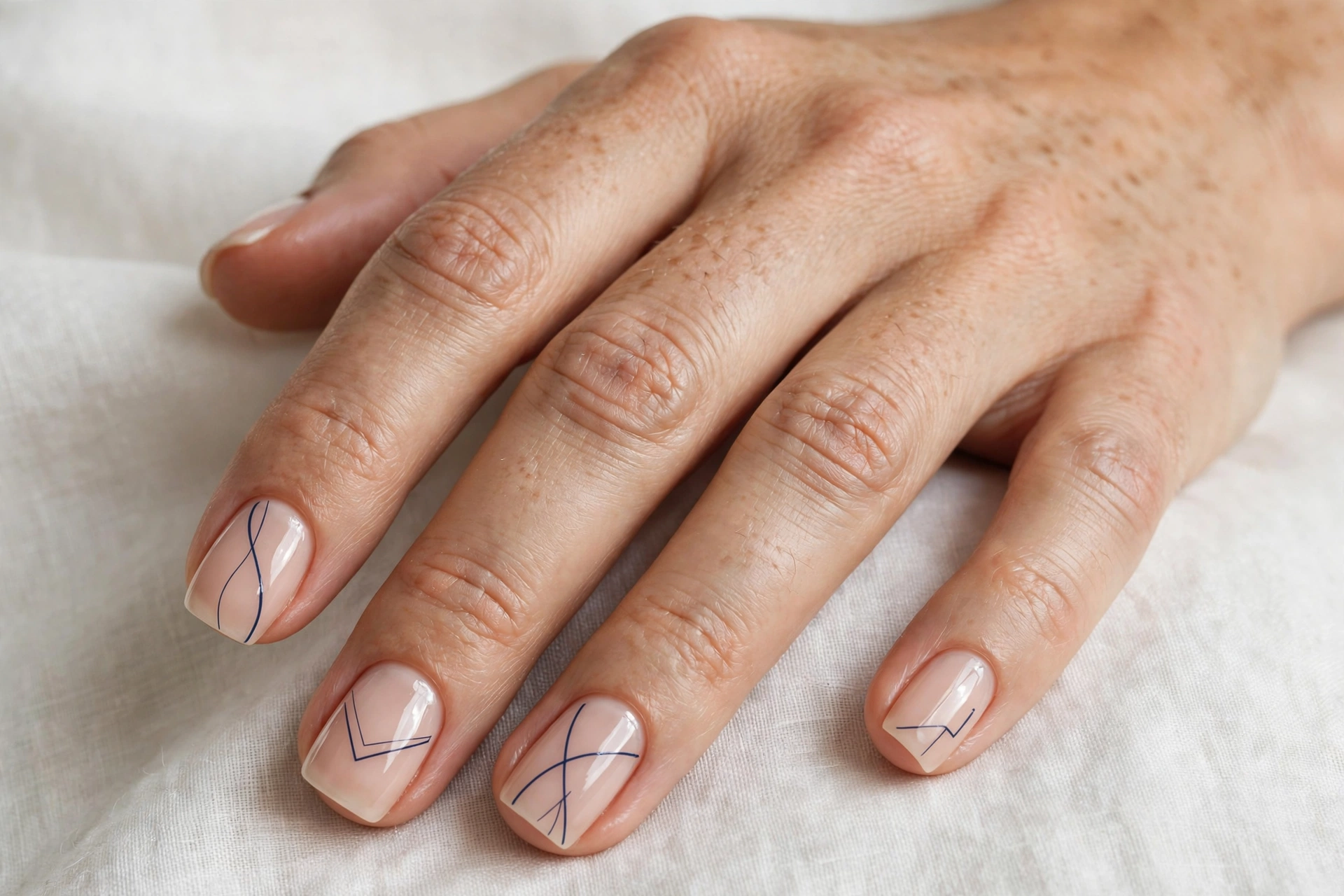 navy minimalist line art short square nail designs on sheer nude base