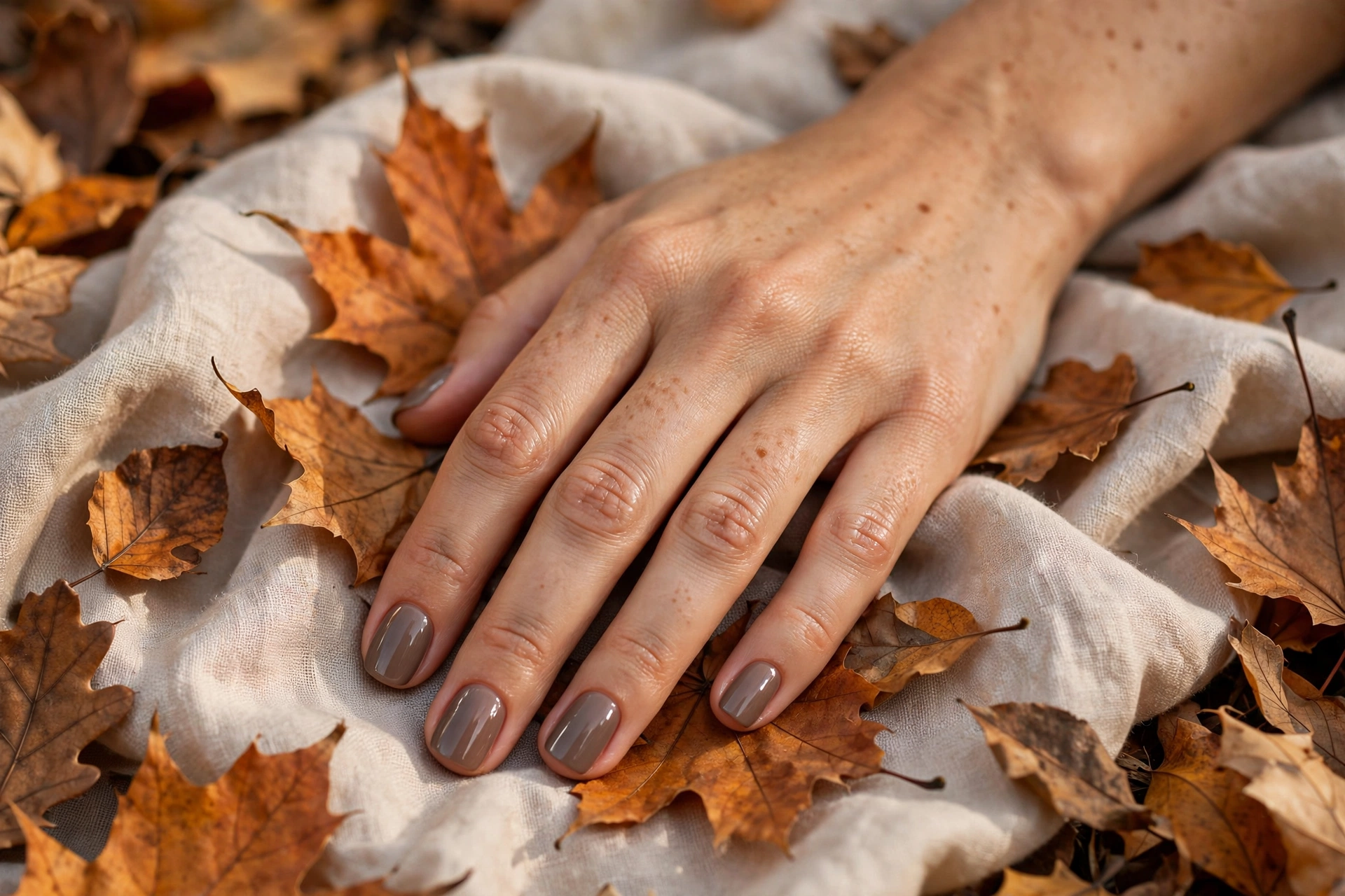warm taupe short square nail designs in glossy gray-brown polish for fall