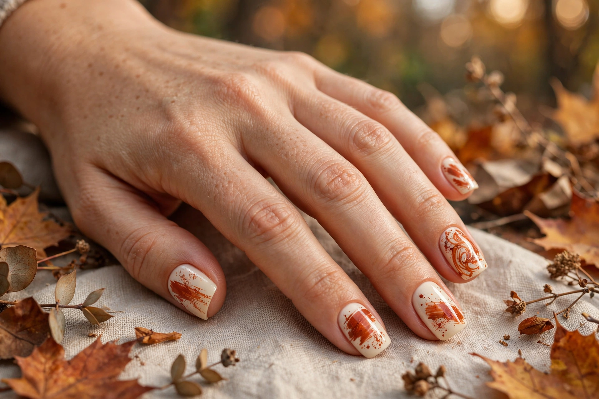 rust abstract art short square nail designs with terracotta brush strokes on cream base