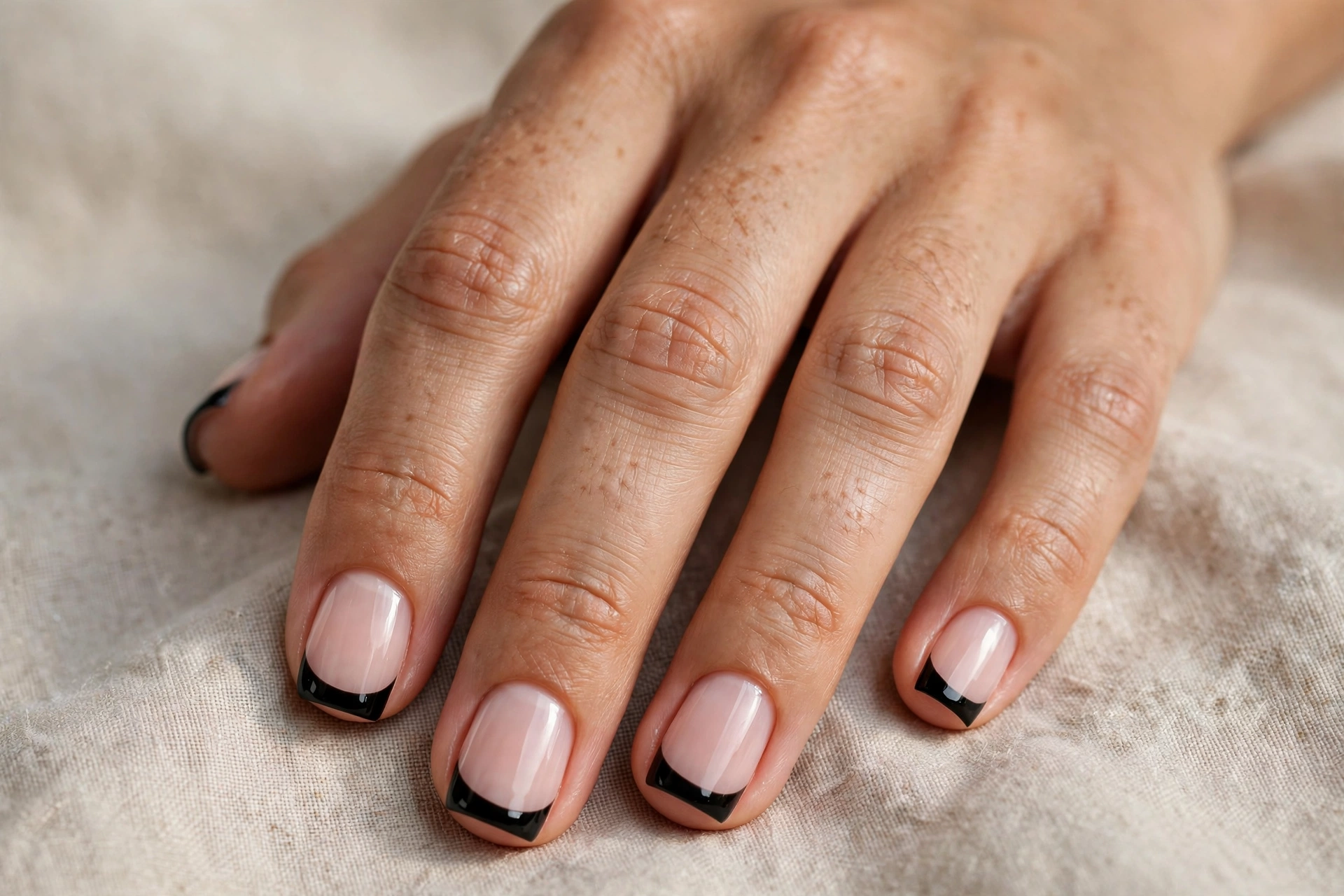 black French tip short square nail designs on milky nude base for fall