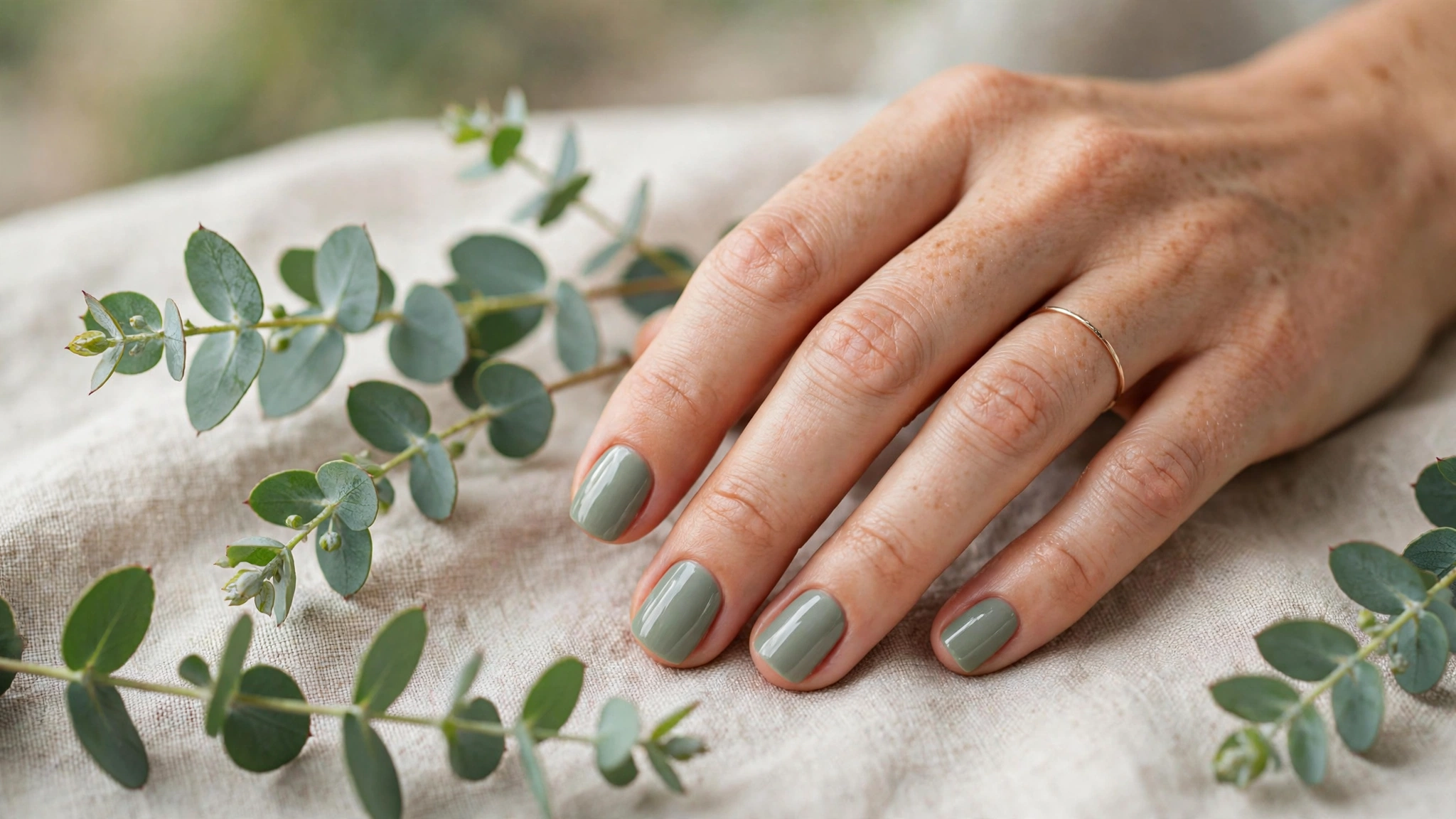 sage green short square nail designs in soft gray-green polish for autumn