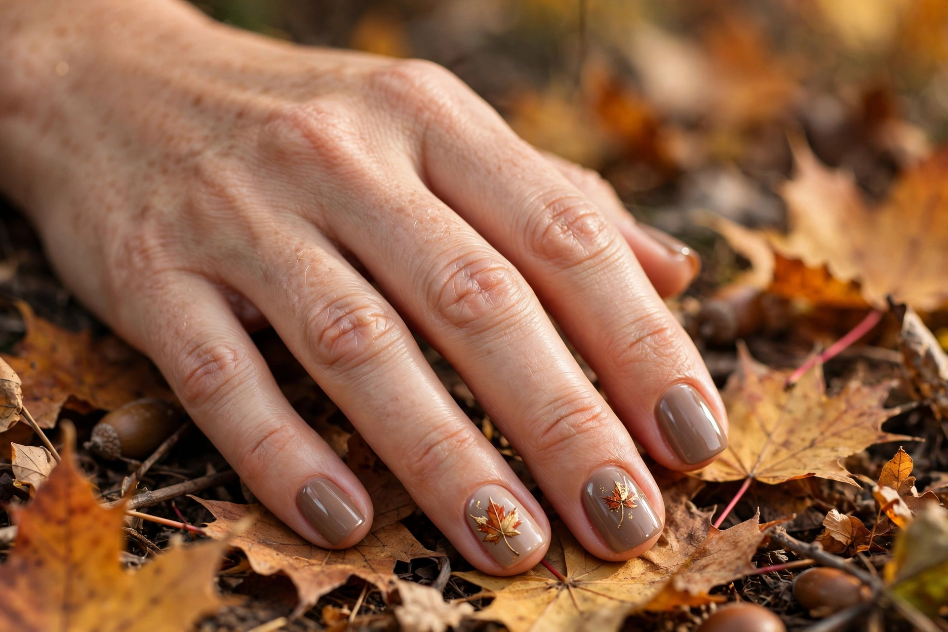 maple leaf accent short square nail designs with tiny autumn leaves on taupe nails