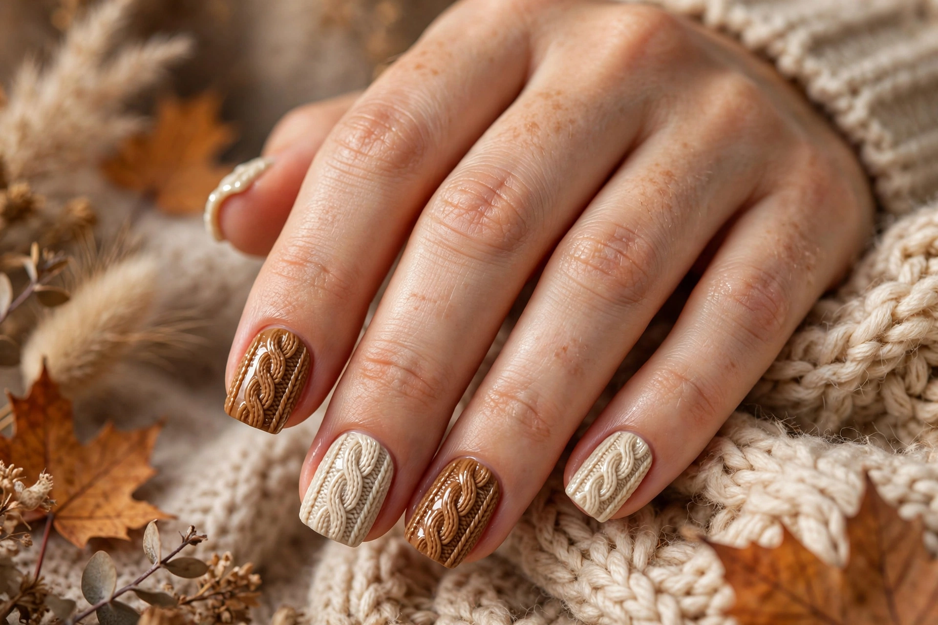 cozy knit texture short square nail designs with 3D cable knit sweater pattern