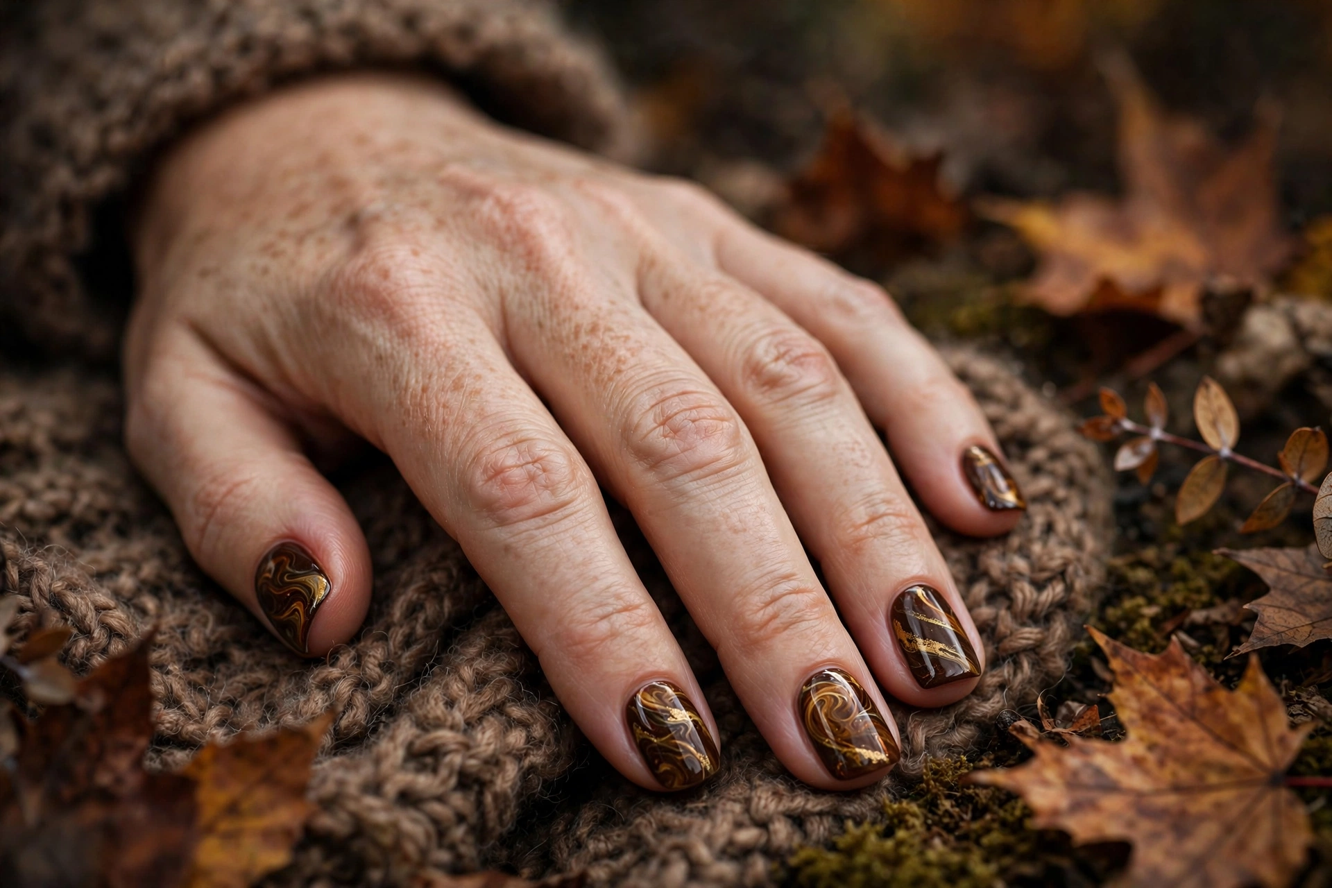 espresso marble short square nail designs with caramel and gold veining on dark brown