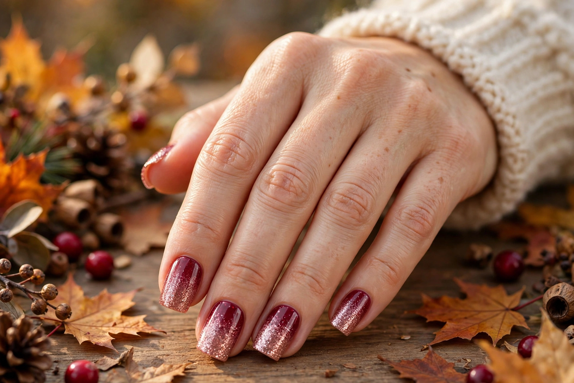 cranberry glitter fade short square nail designs with rose gold sparkle ombre tips