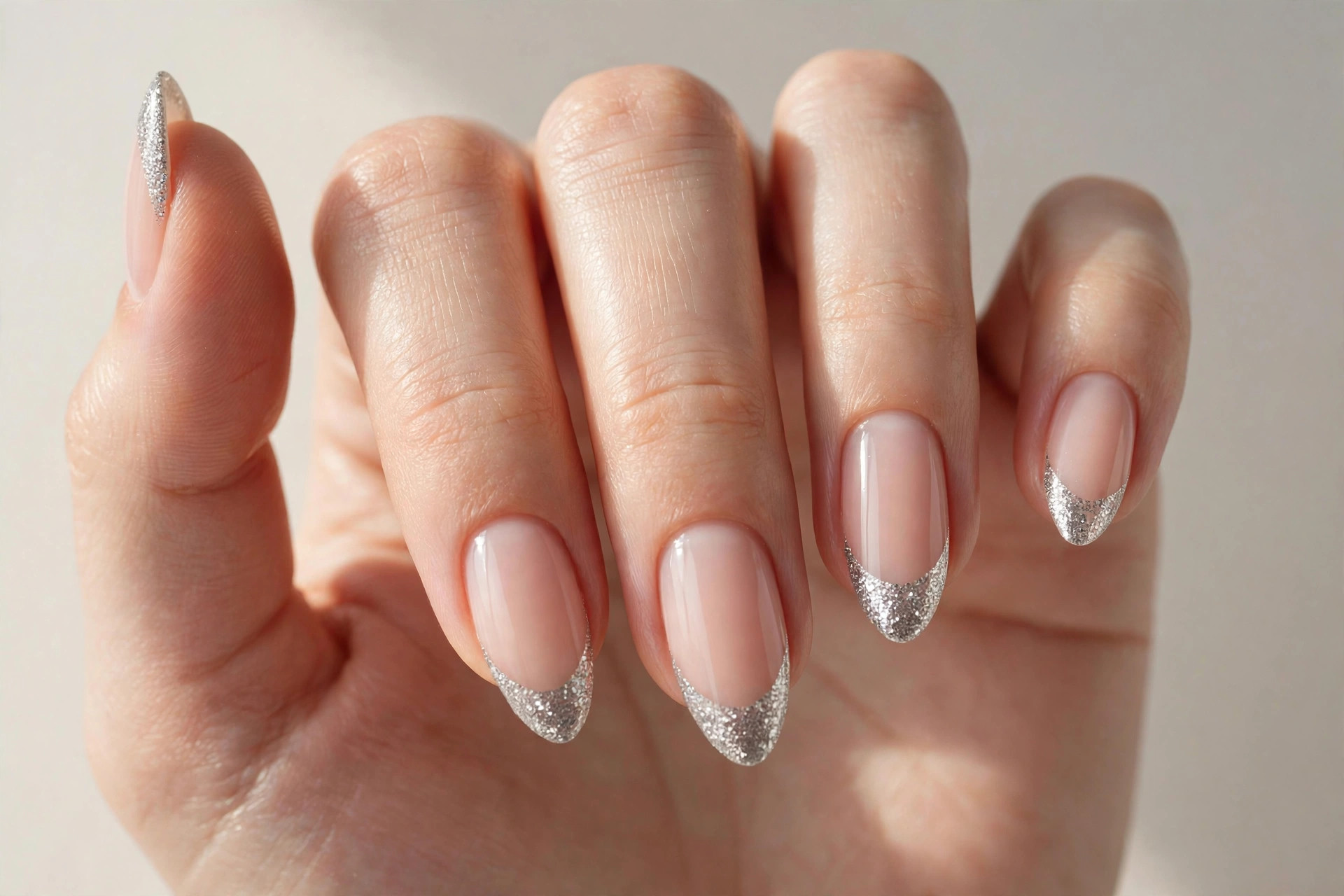 French manicure with silver glitter tips on almond nails