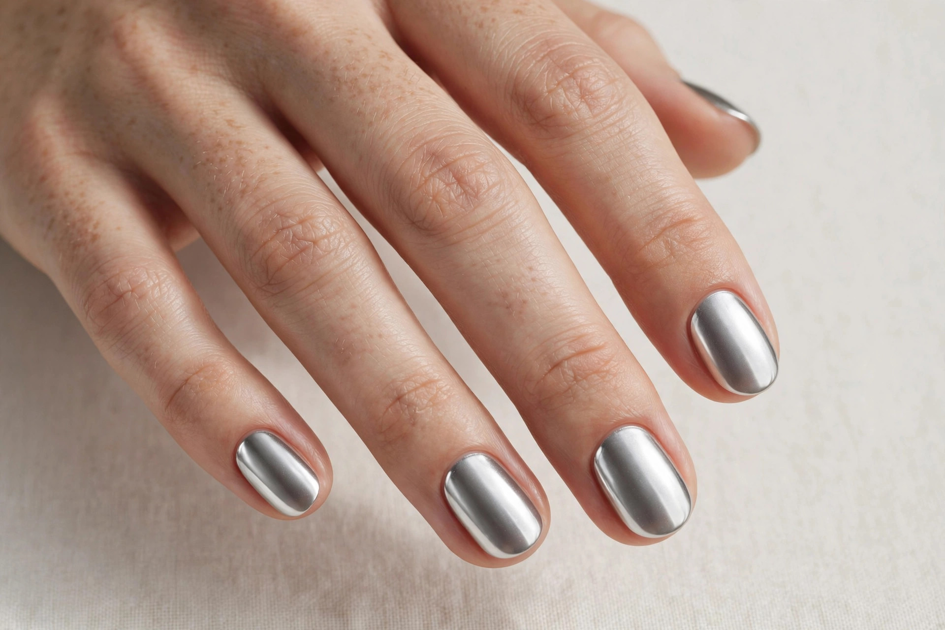 Short oval nails with a minimal silver chrome metallic manicure