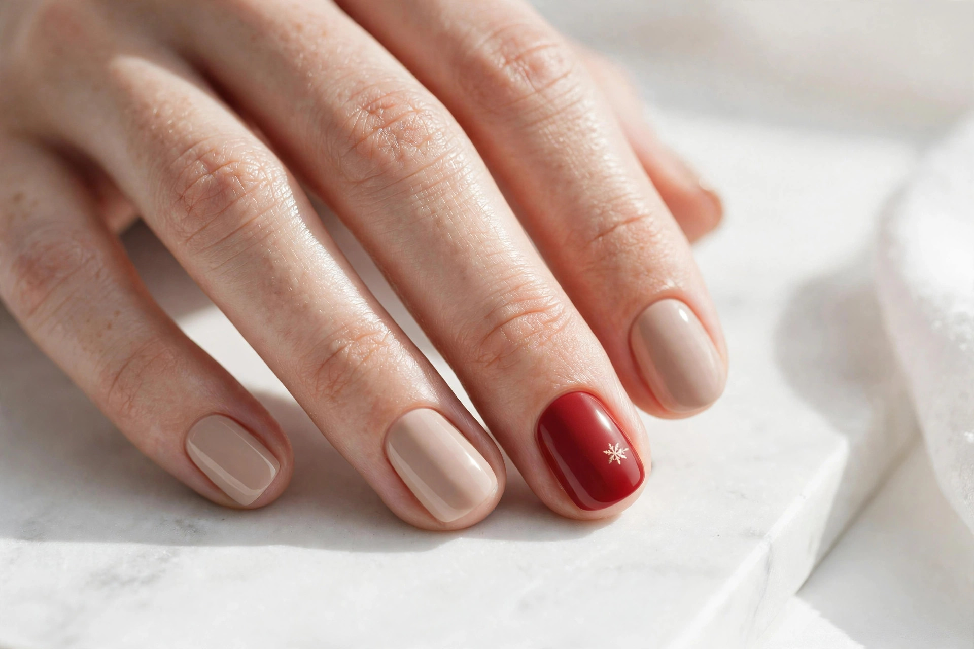 Short nude nails with a single red accent nail, simple Christmas design