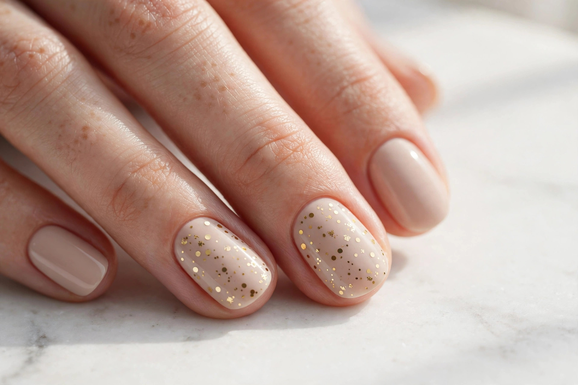 Nude nails with tiny gold dot confetti, simple Christmas nail design