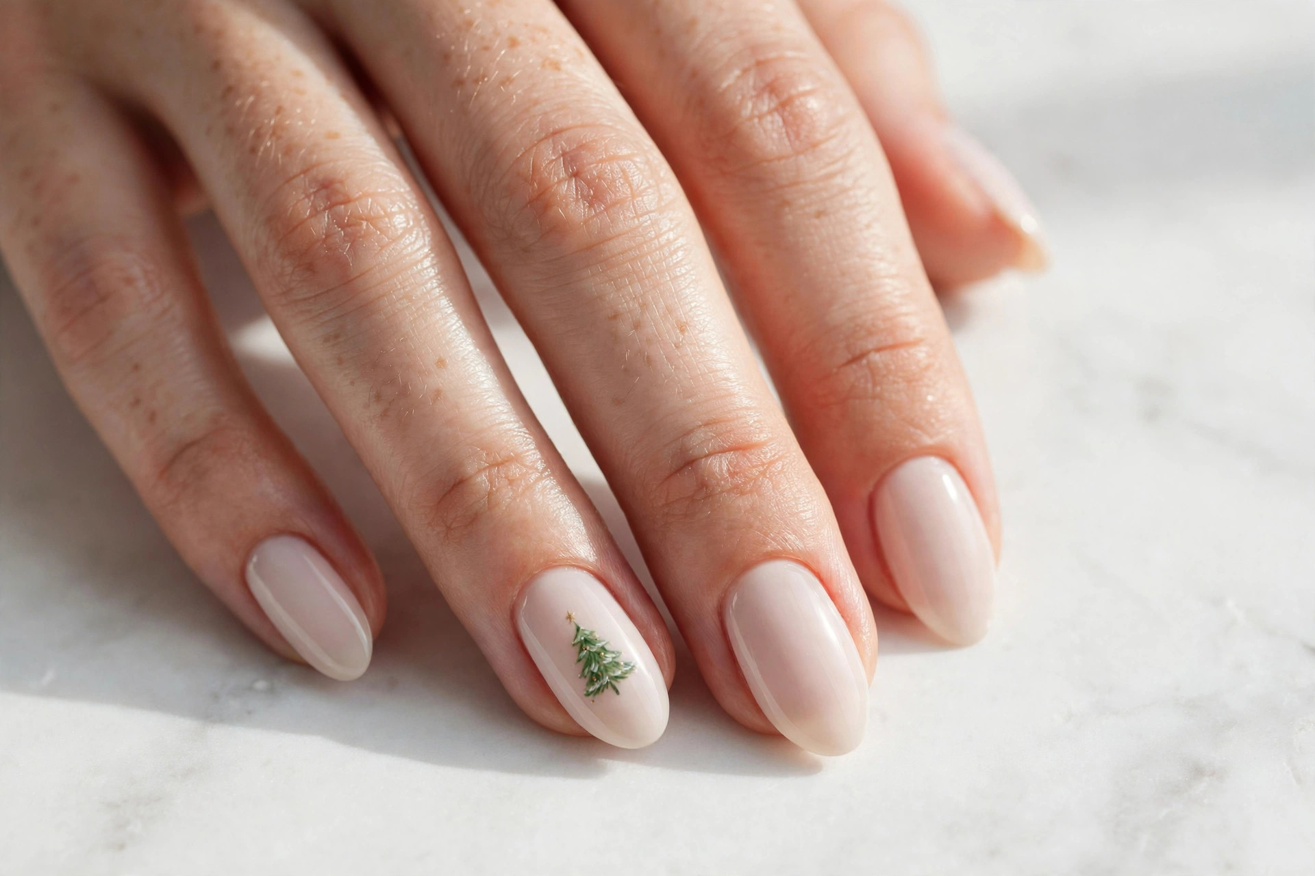 Nude almond nails with a tiny hand-painted green Christmas tree accent