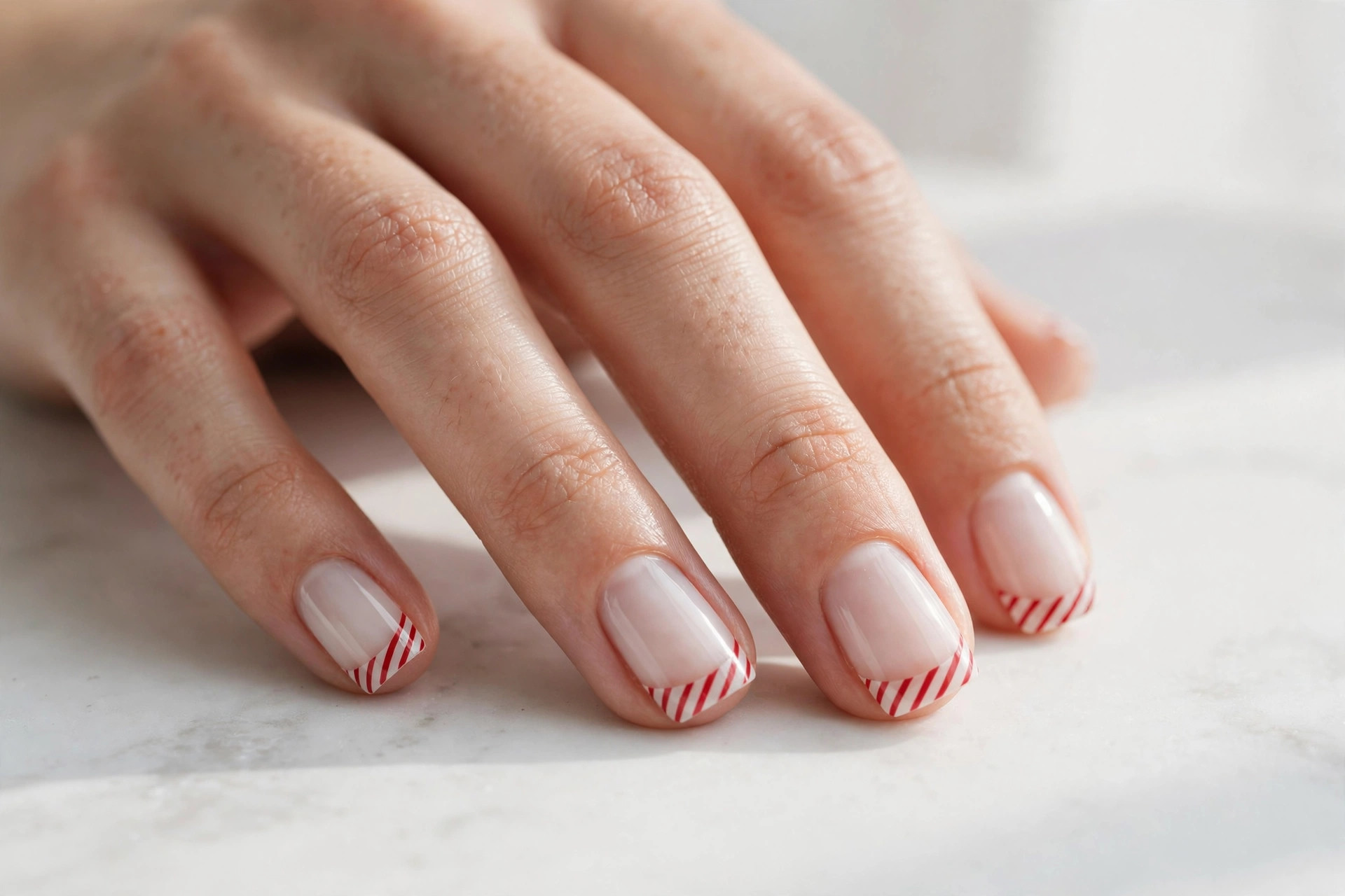 Sheer white nails with thin red diagonal candy cane stripes on the tips