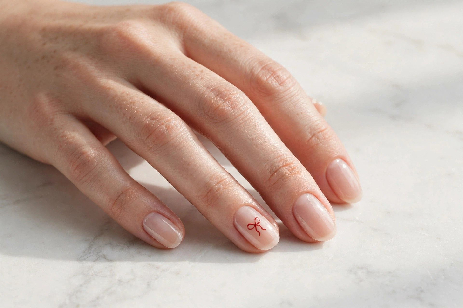 Sheer nude nails with a tiny red gift bow painted on one accent nail