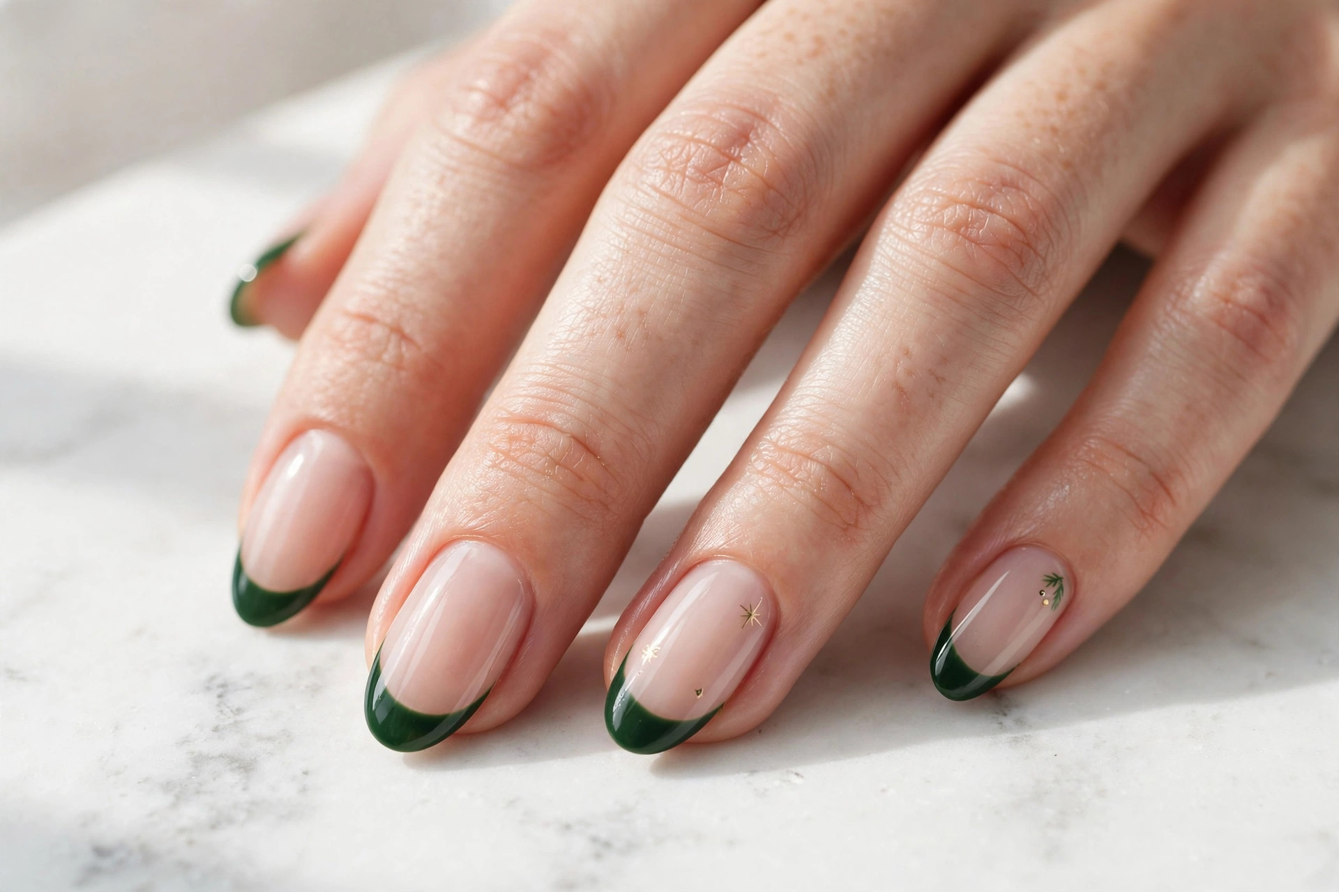 French manicure with deep green tips on a nude base, simple Christmas nails