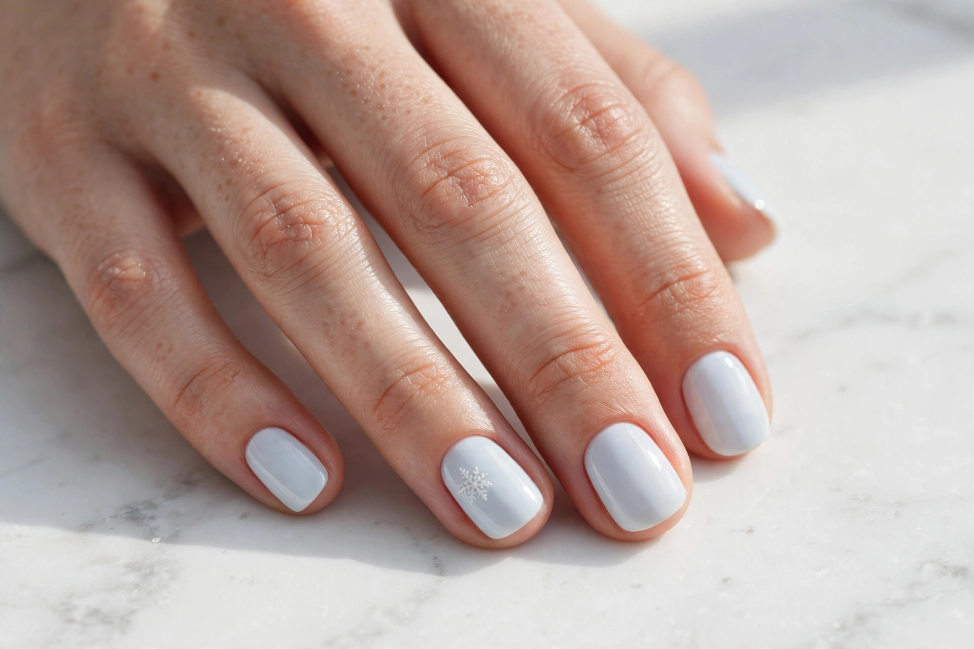 Pale icy nails with a single tiny white snowflake accent nail