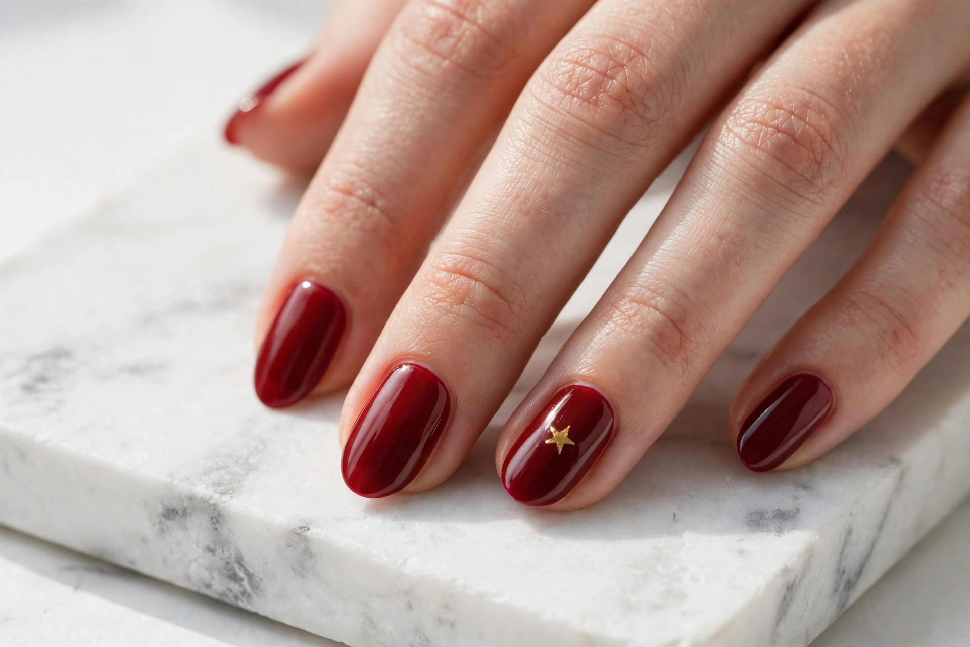 Deep red nails with a single small gold star on one nail