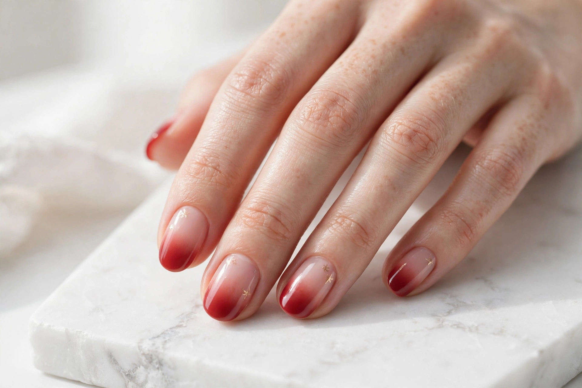 Soft red ombre gradient nails fading from nude to red