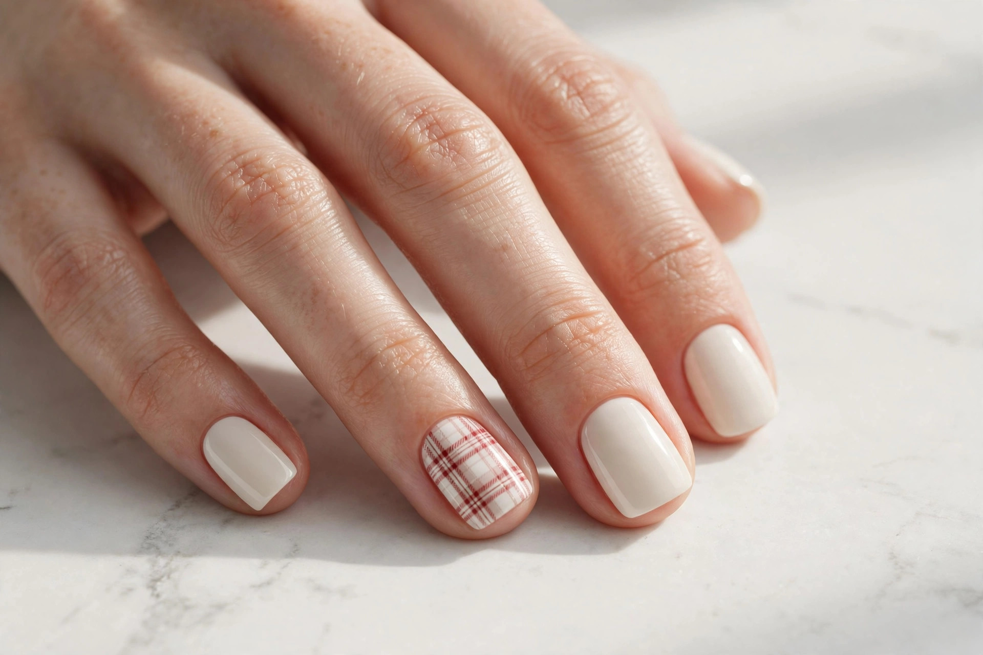 Cream nails with one red and white plaid accent nail, simple Christmas design