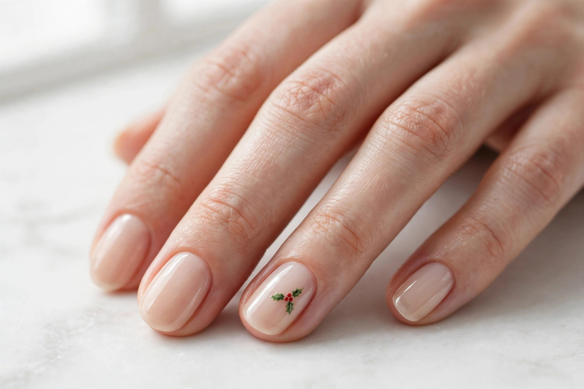Nude nails with a tiny painted holly sprig with red berries on one nail