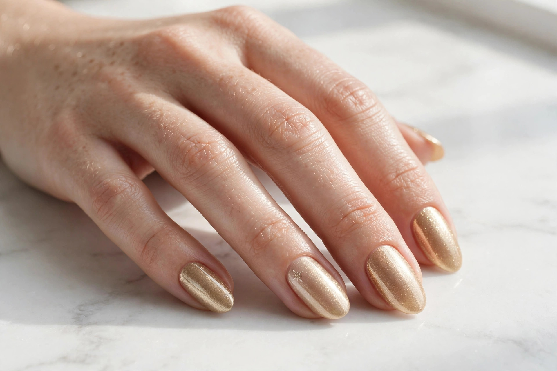 Almond nails in champagne gold shimmer polish, simple festive Christmas nails