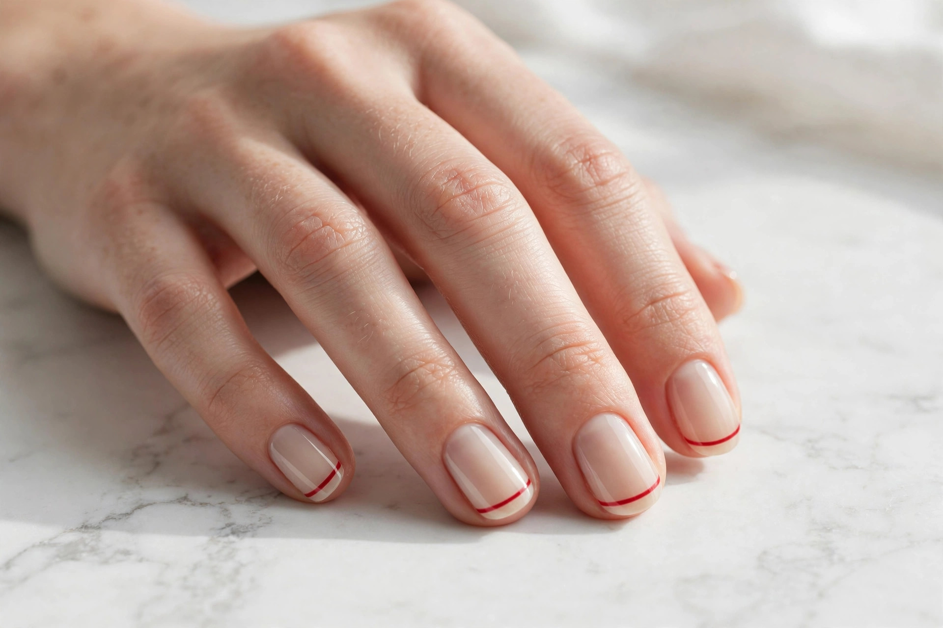Nude nails with a single thin red stripe across each tip