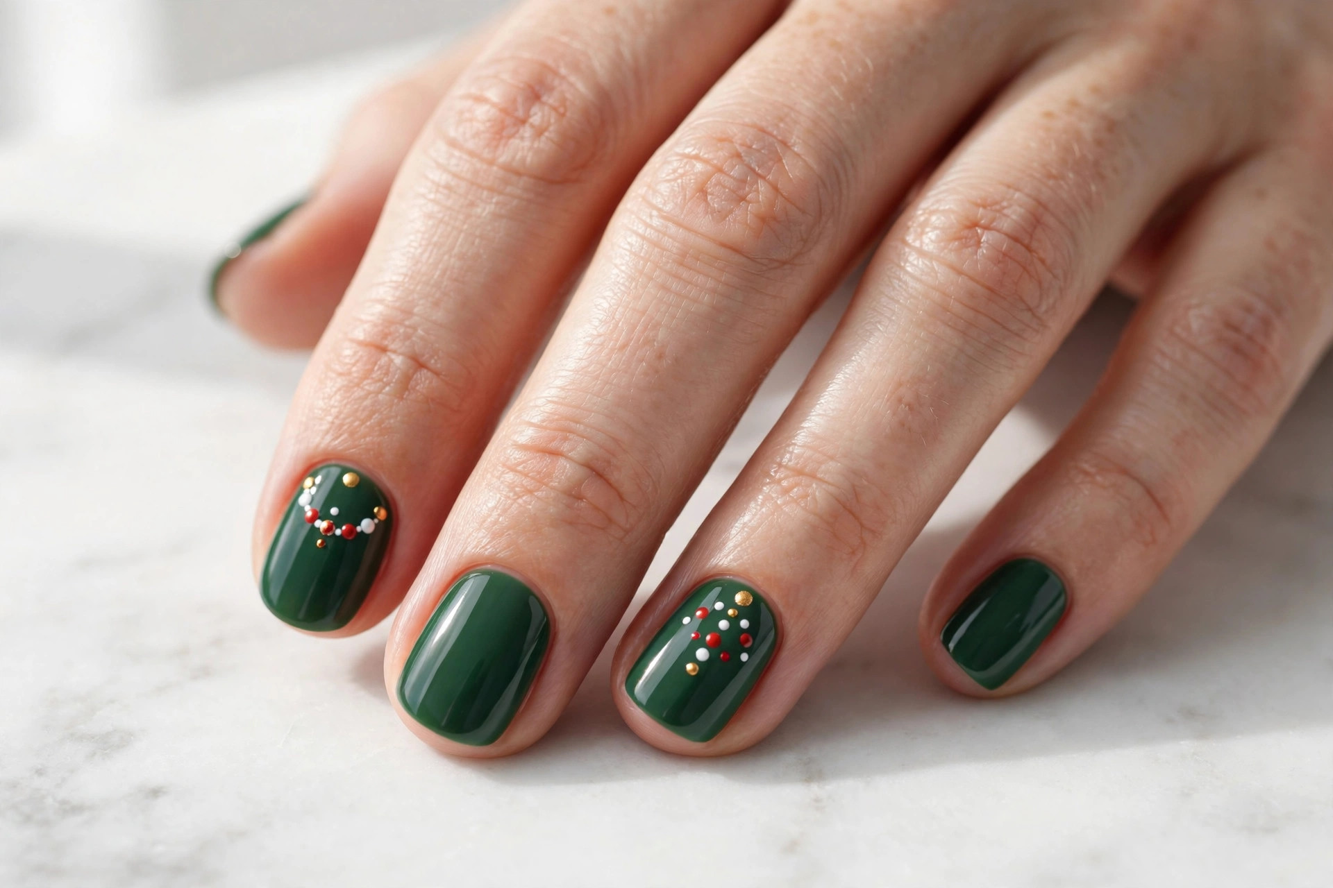 Deep green nails with tiny red gold and white ornament dots on accent nails