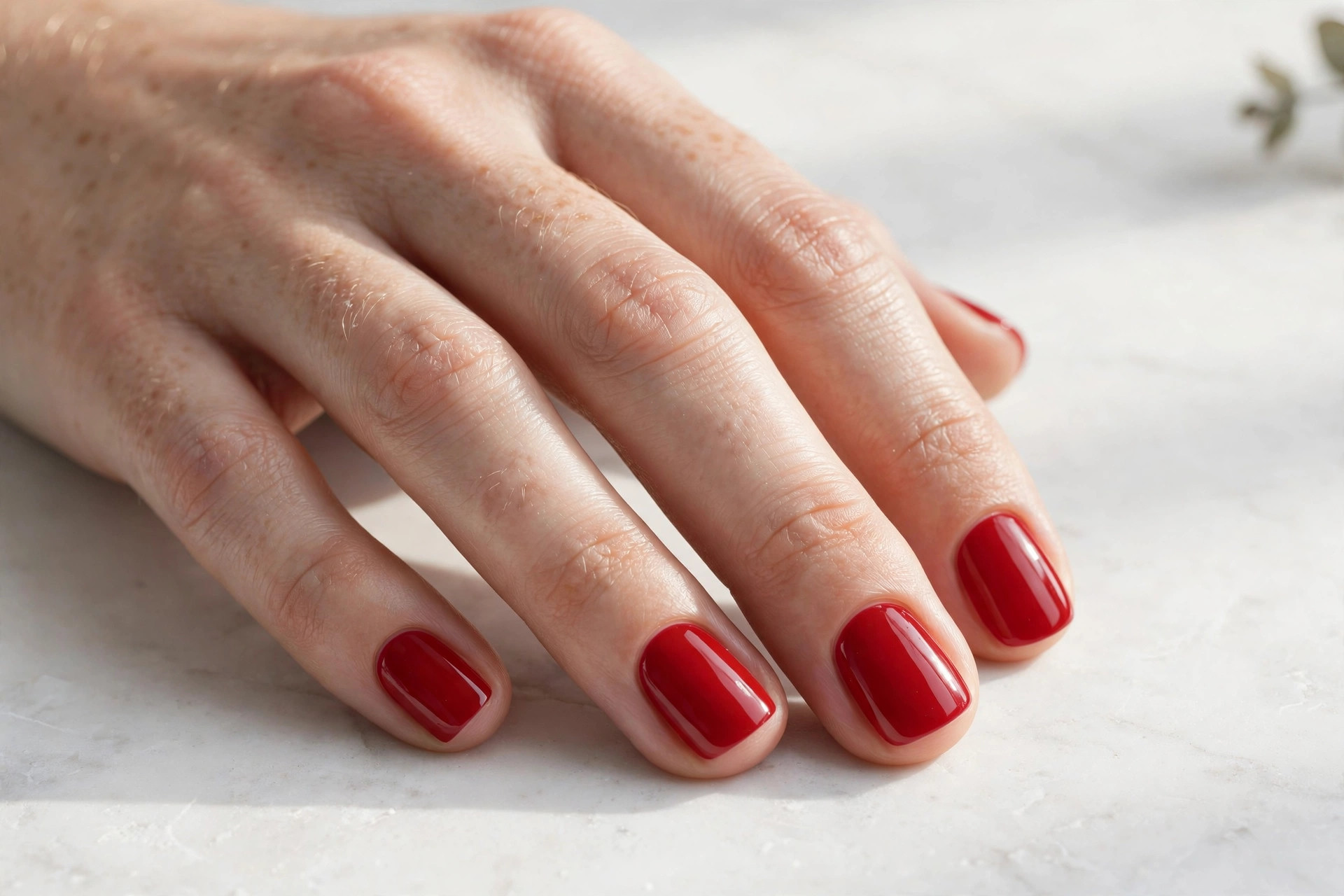 Short squoval nails in classic glossy true red polish