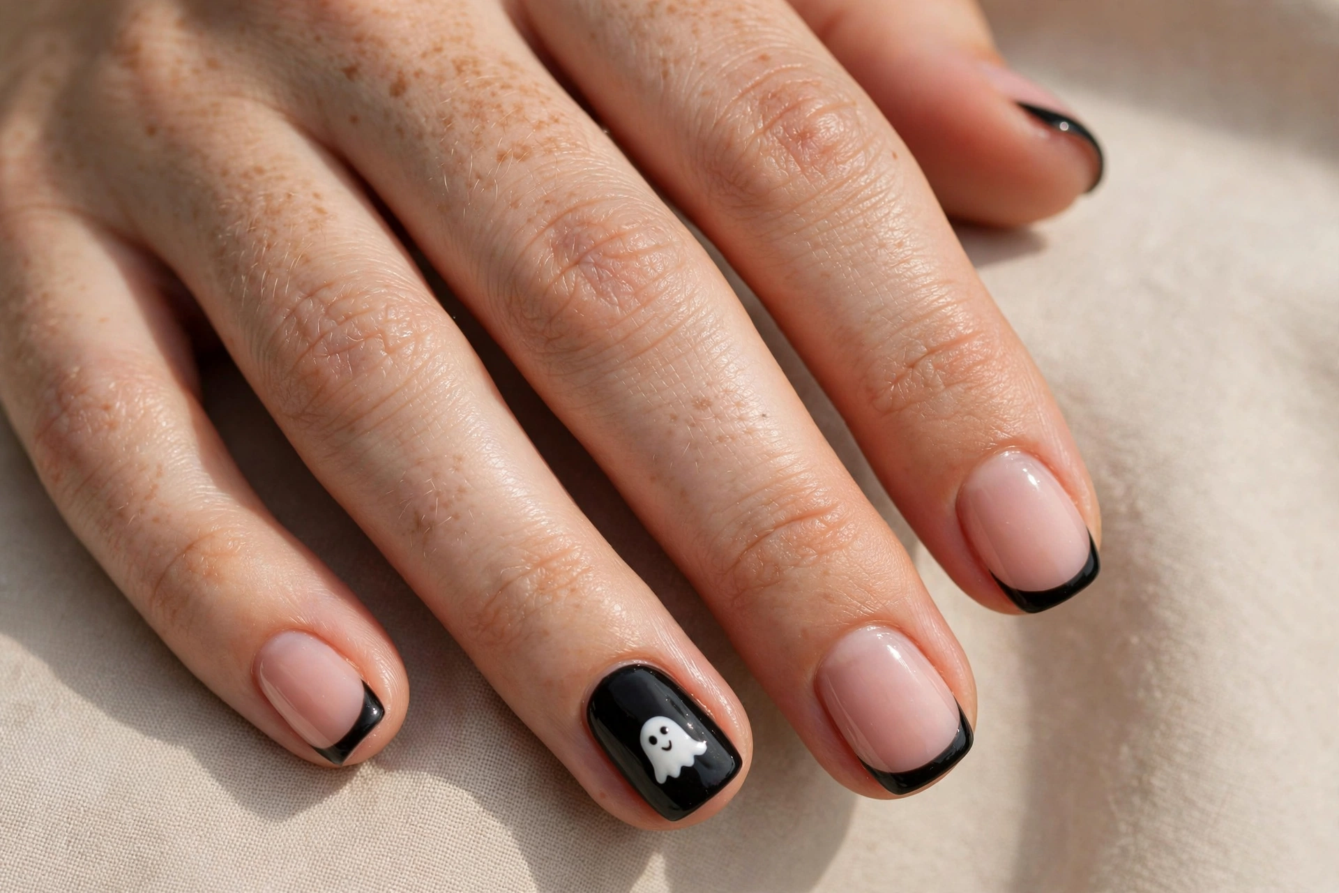 Black French tips with a tiny white ghost on one accent nail