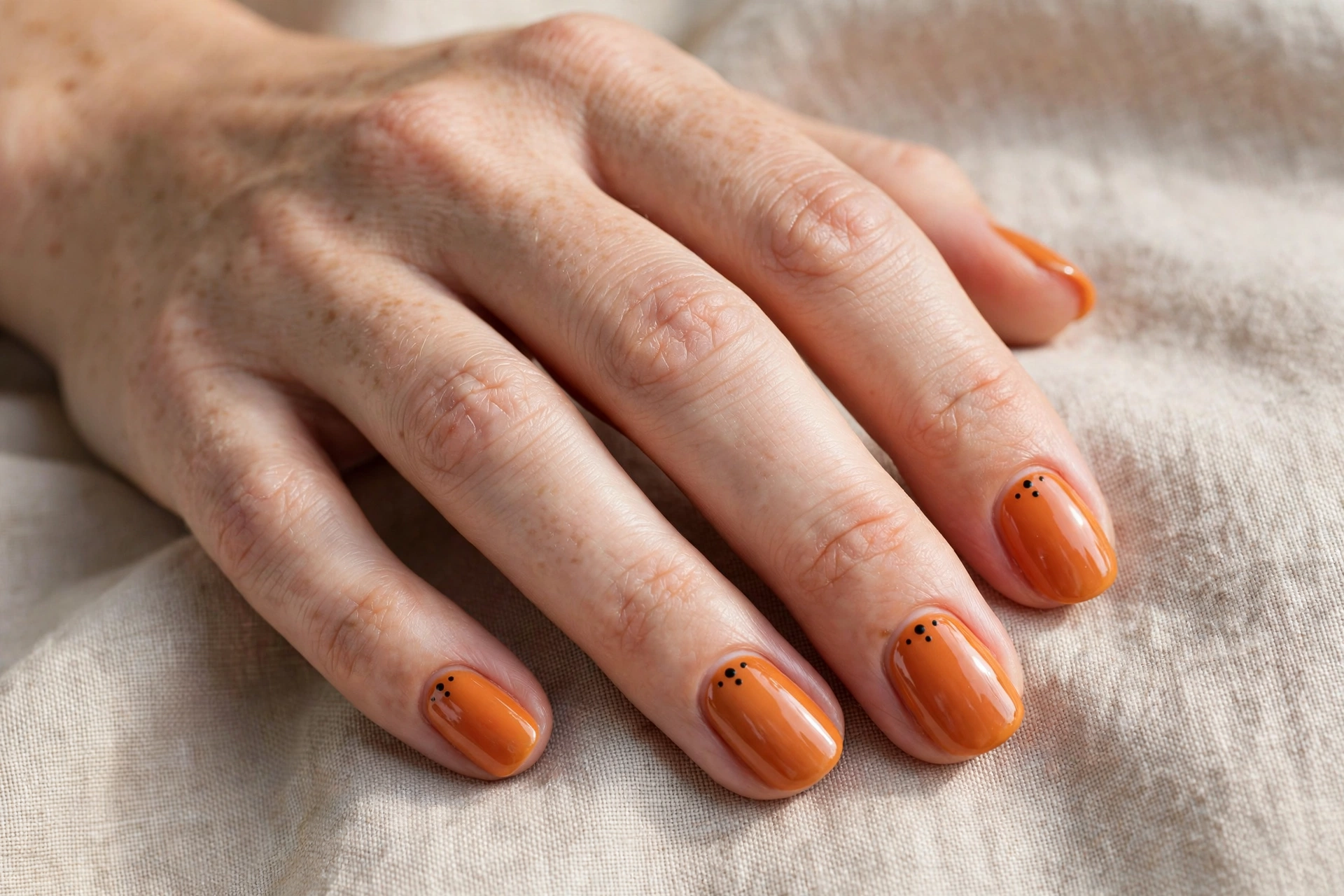 Pumpkin orange nails with small black dot accents