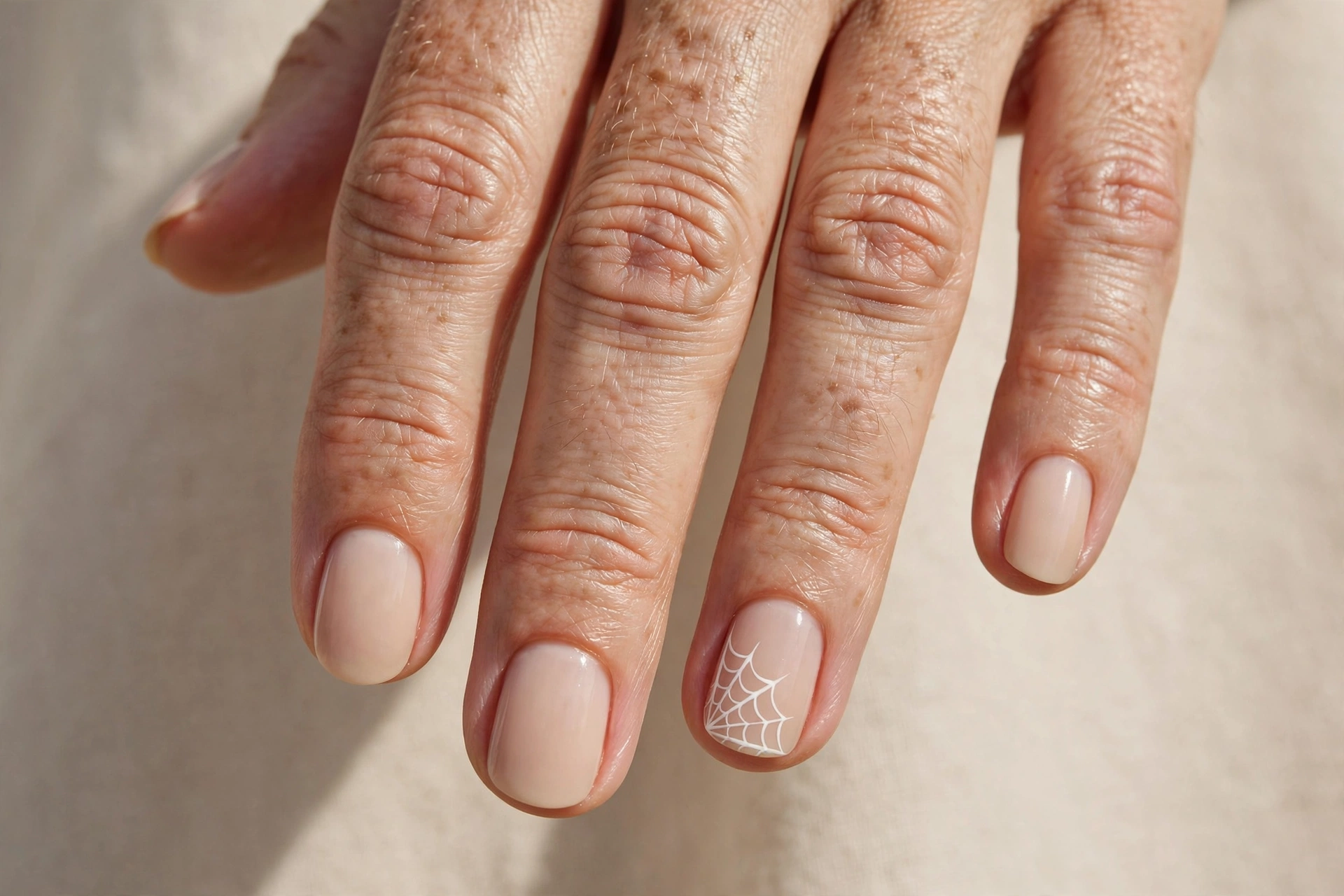 Simple white spider web nail art on a nude base nail