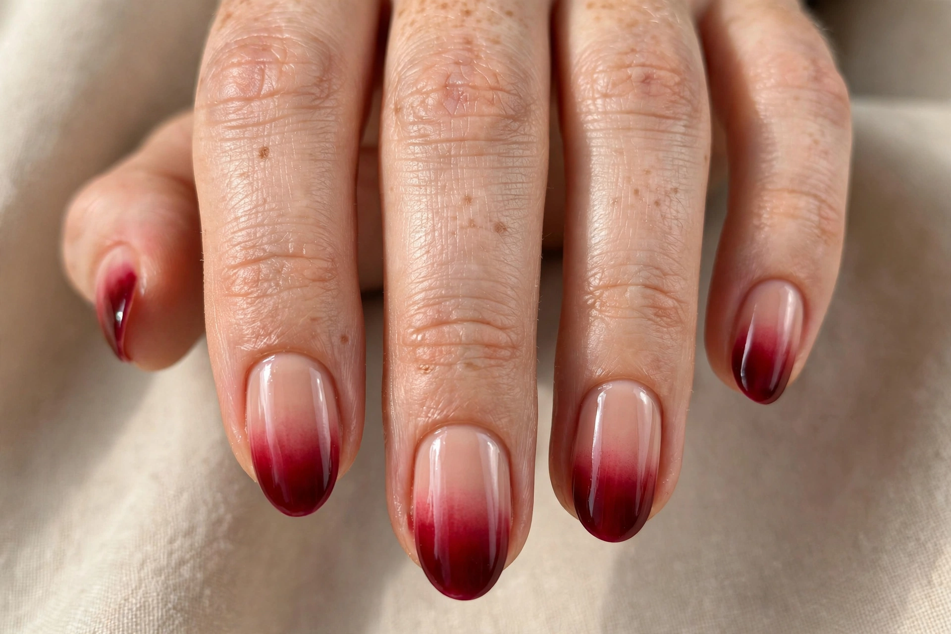 Blood red gradient tips on nude nails for Halloween