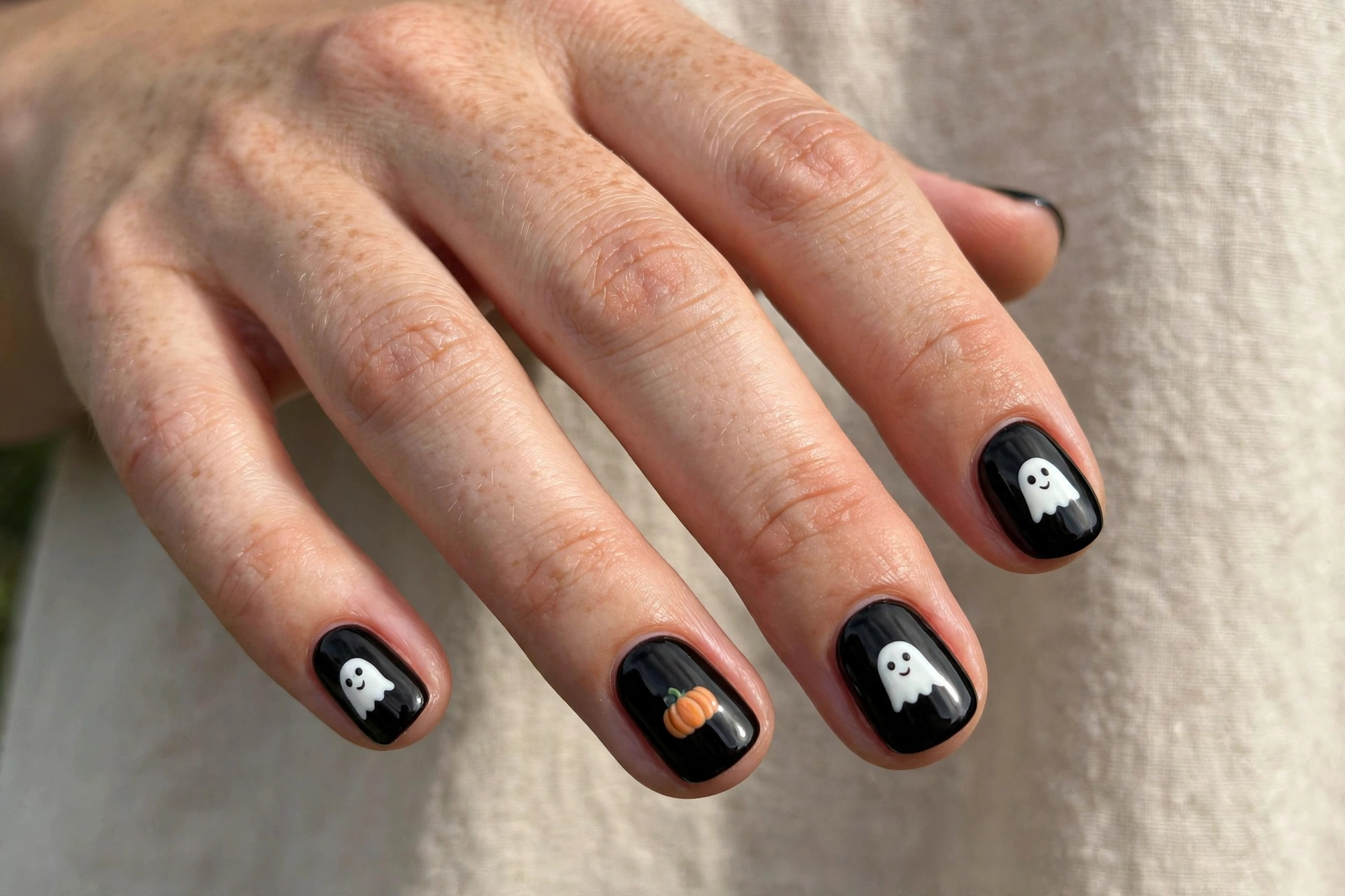 White ghost faces painted on black Halloween nails
