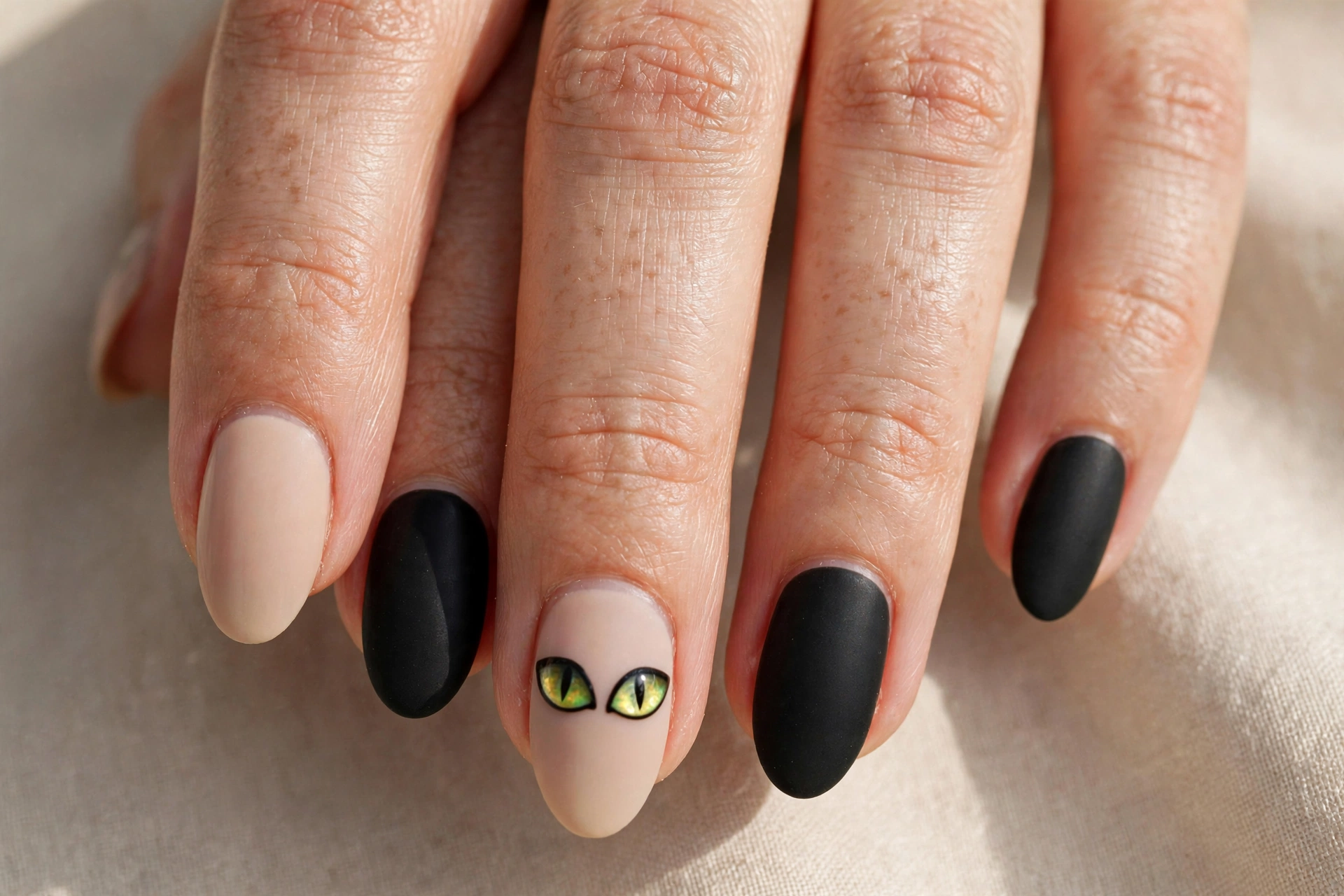 Black cat eyes nail art on nude Halloween nails
