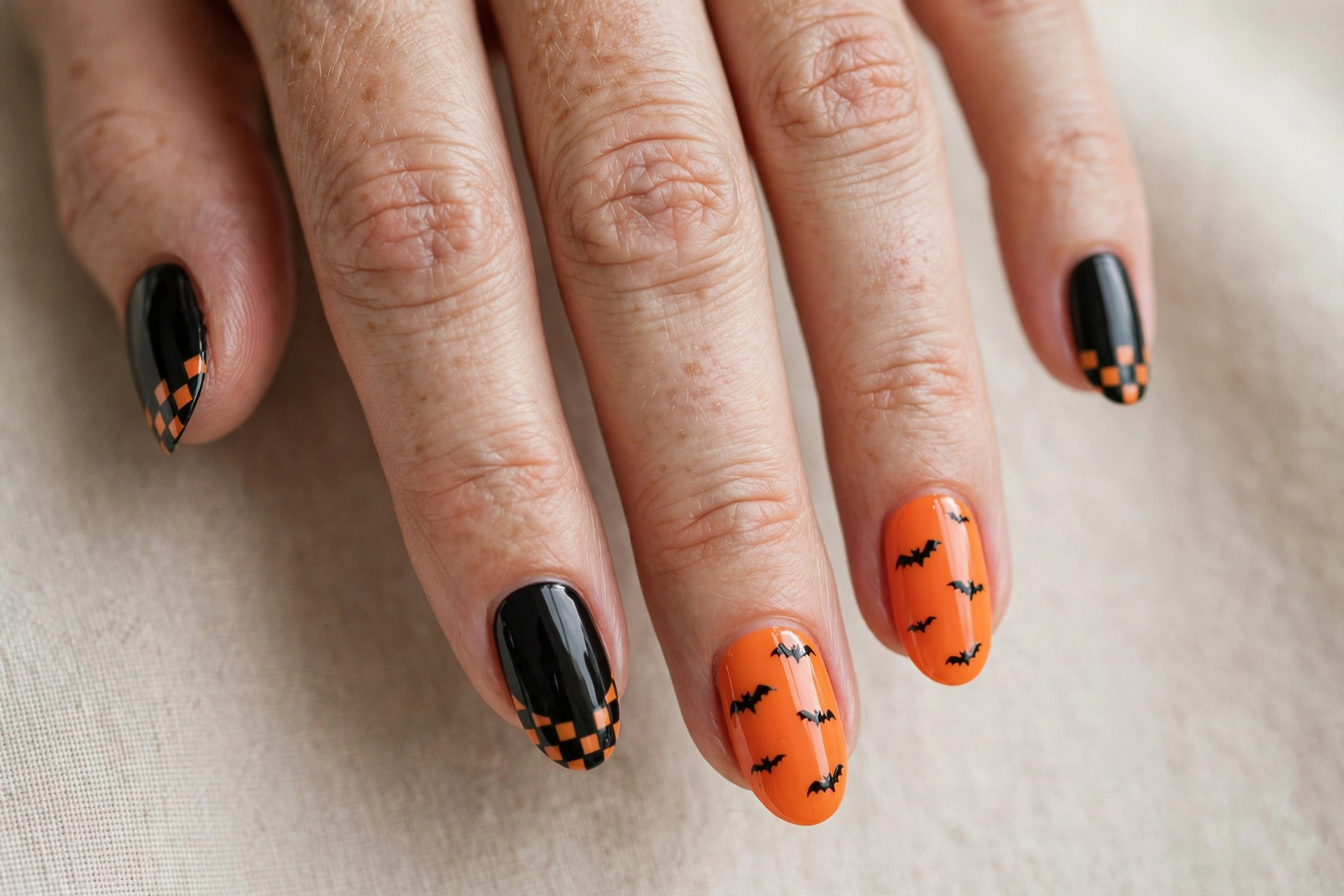 Orange and black checkerboard tips with bat nail art