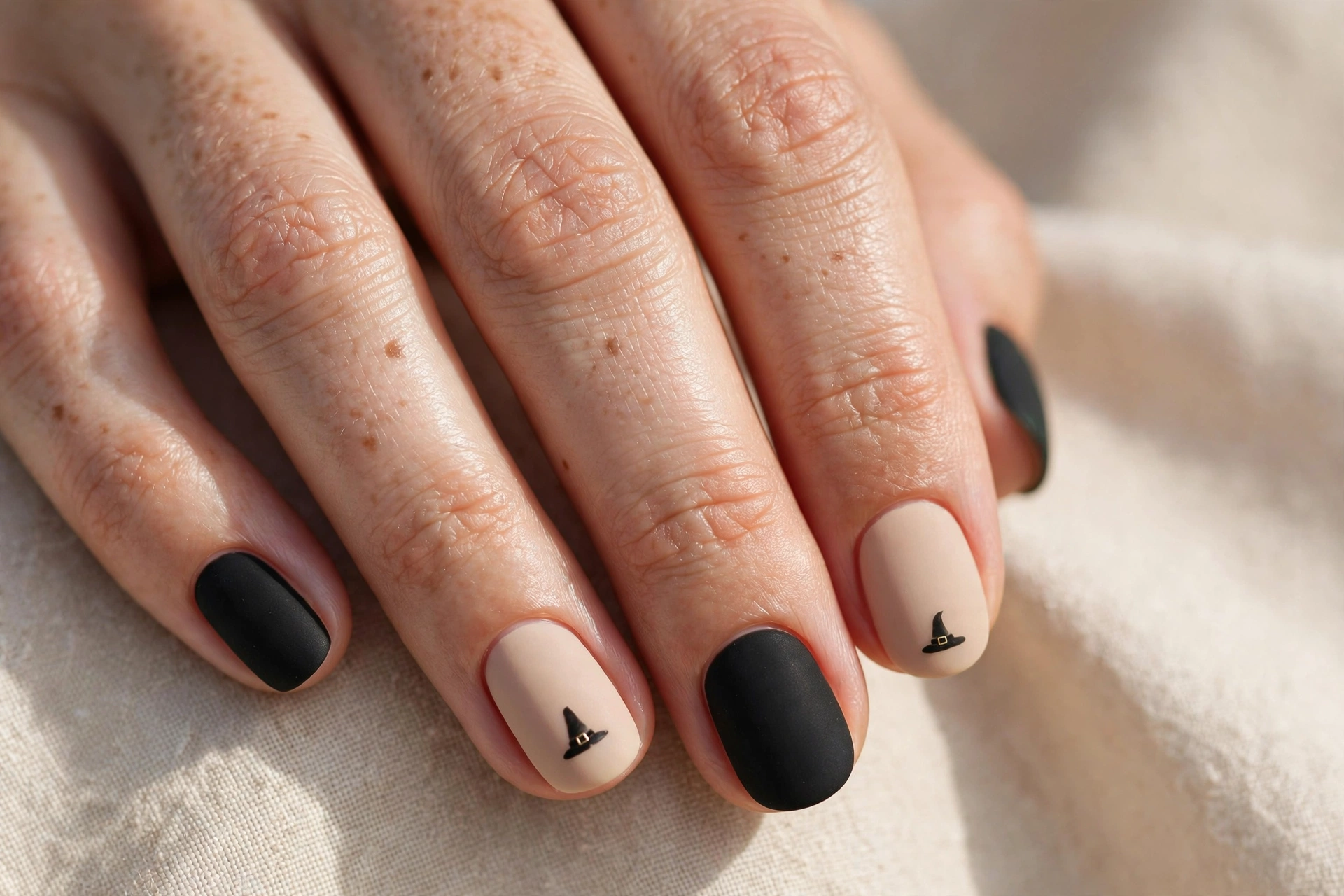 Tiny black witch hats painted on nude Halloween nails