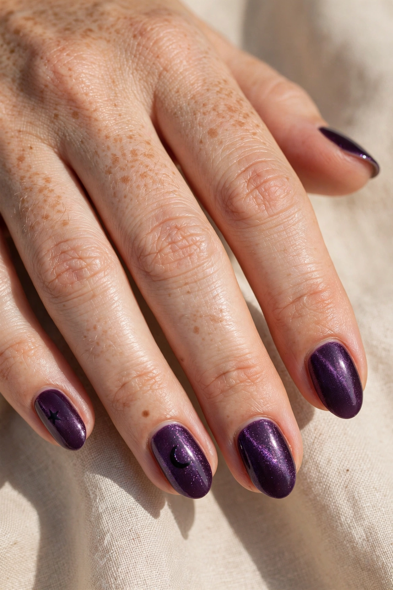 Purple shimmer nails with black star and moon nail art