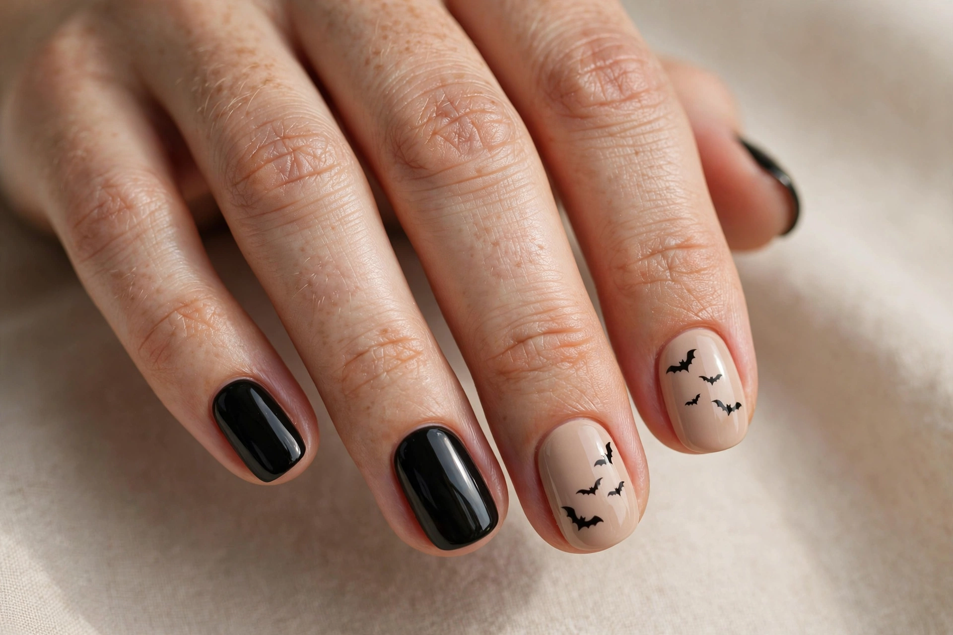Black bat silhouettes on nude Halloween nails
