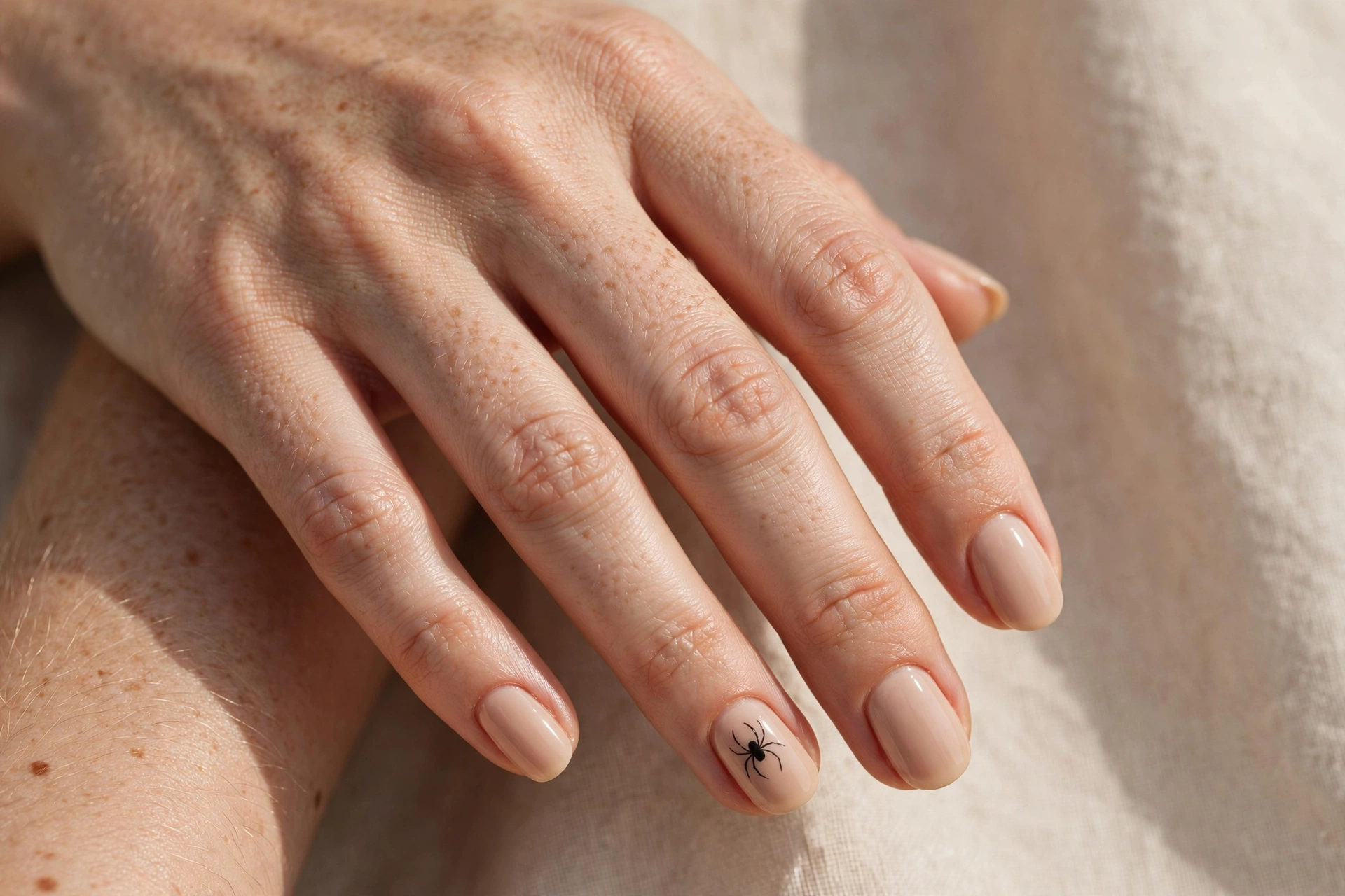 Tiny black spider nail art on a nude nail