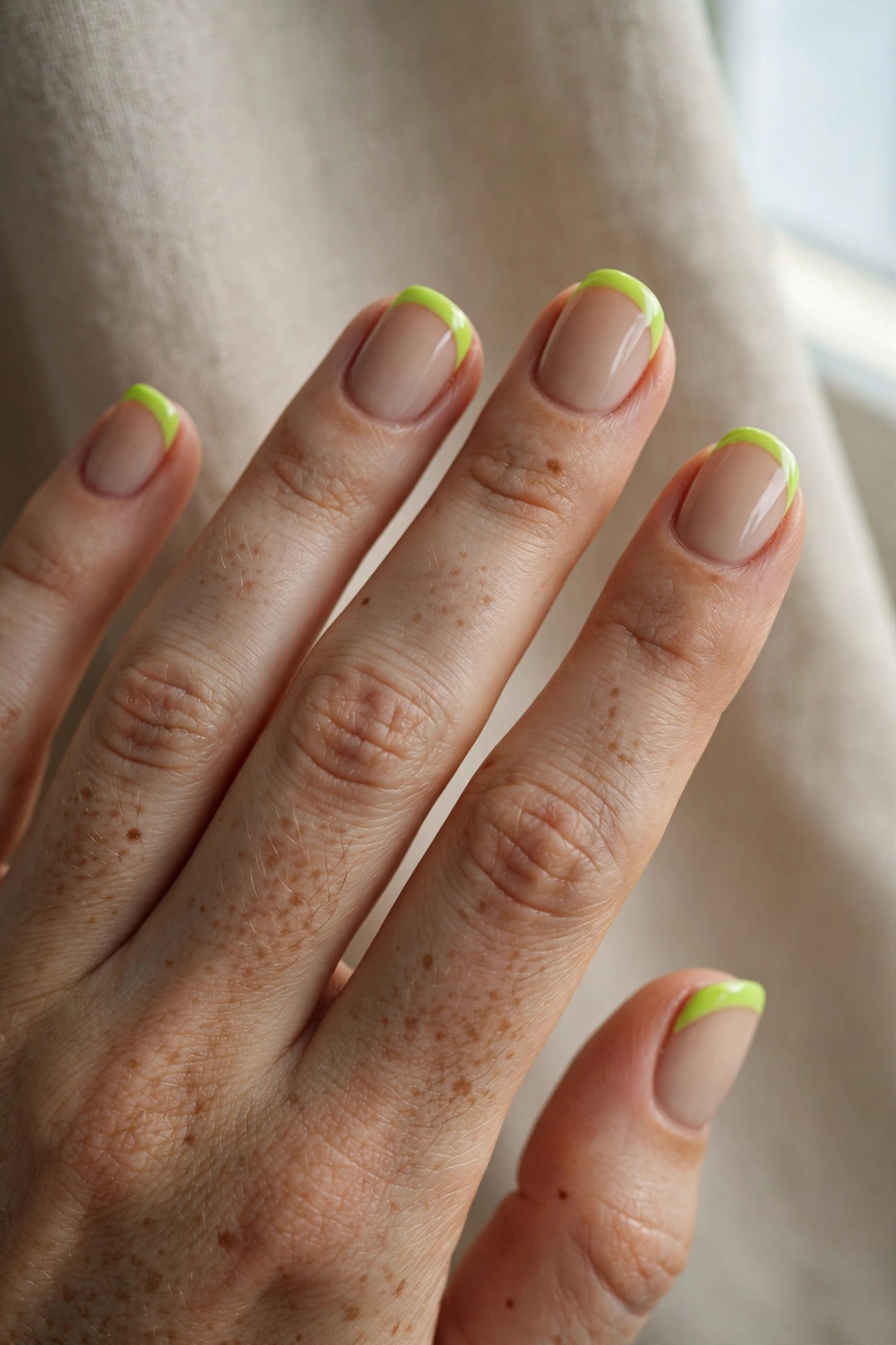 Neon green French tips on nude Halloween nails