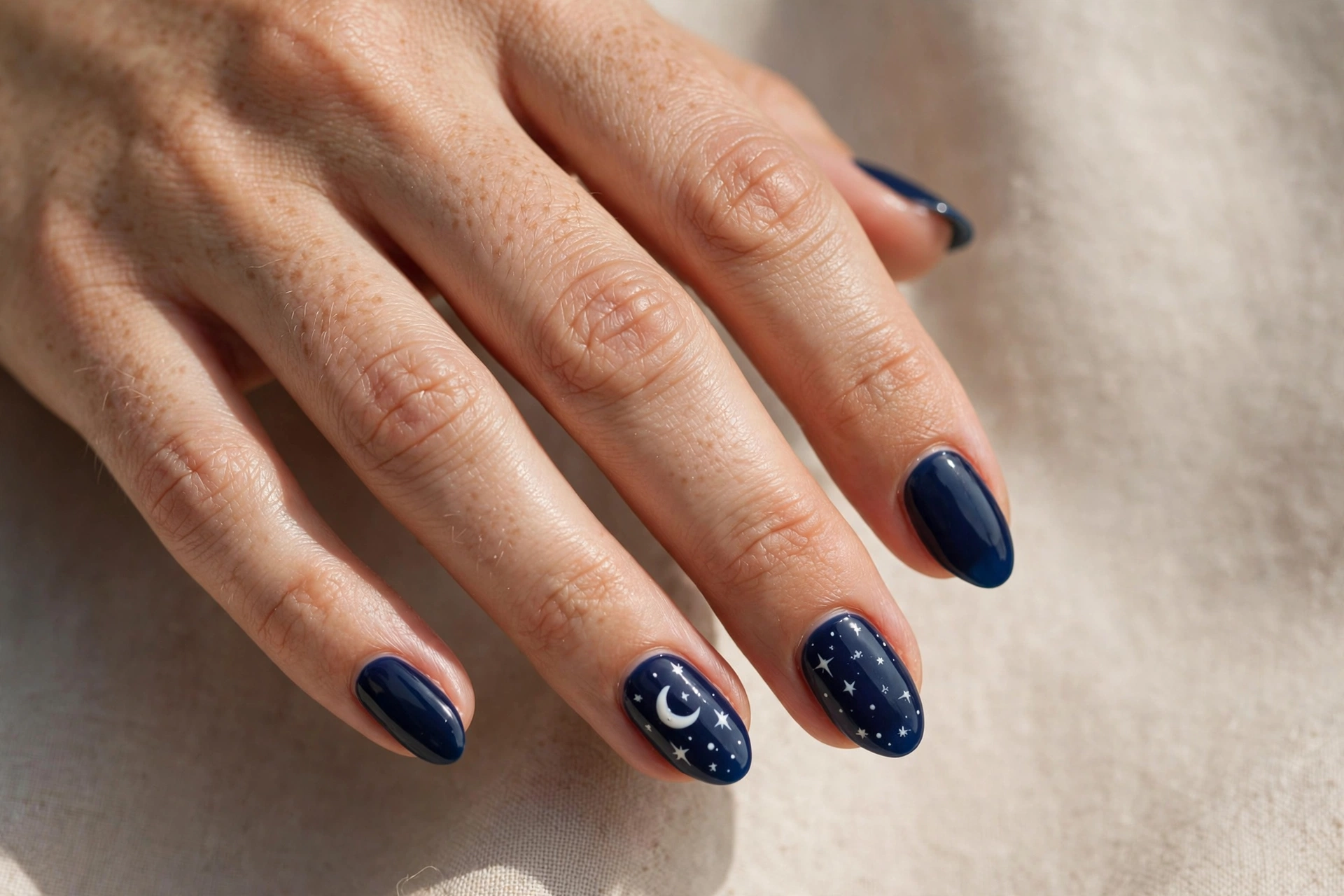 Navy blue nails with white crescent moon and star nail art
