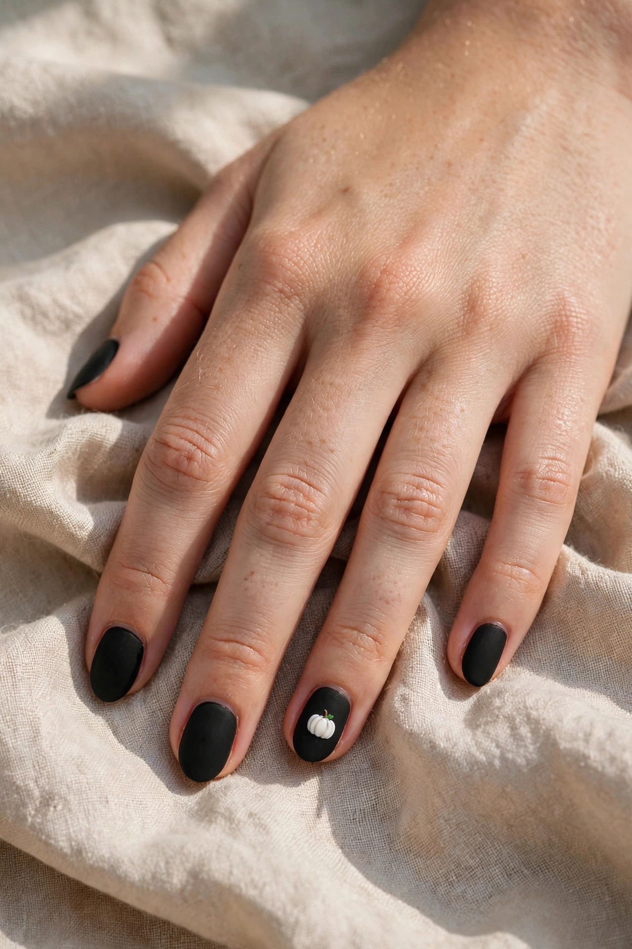 Matte black nails with a tiny white pumpkin on one accent nail